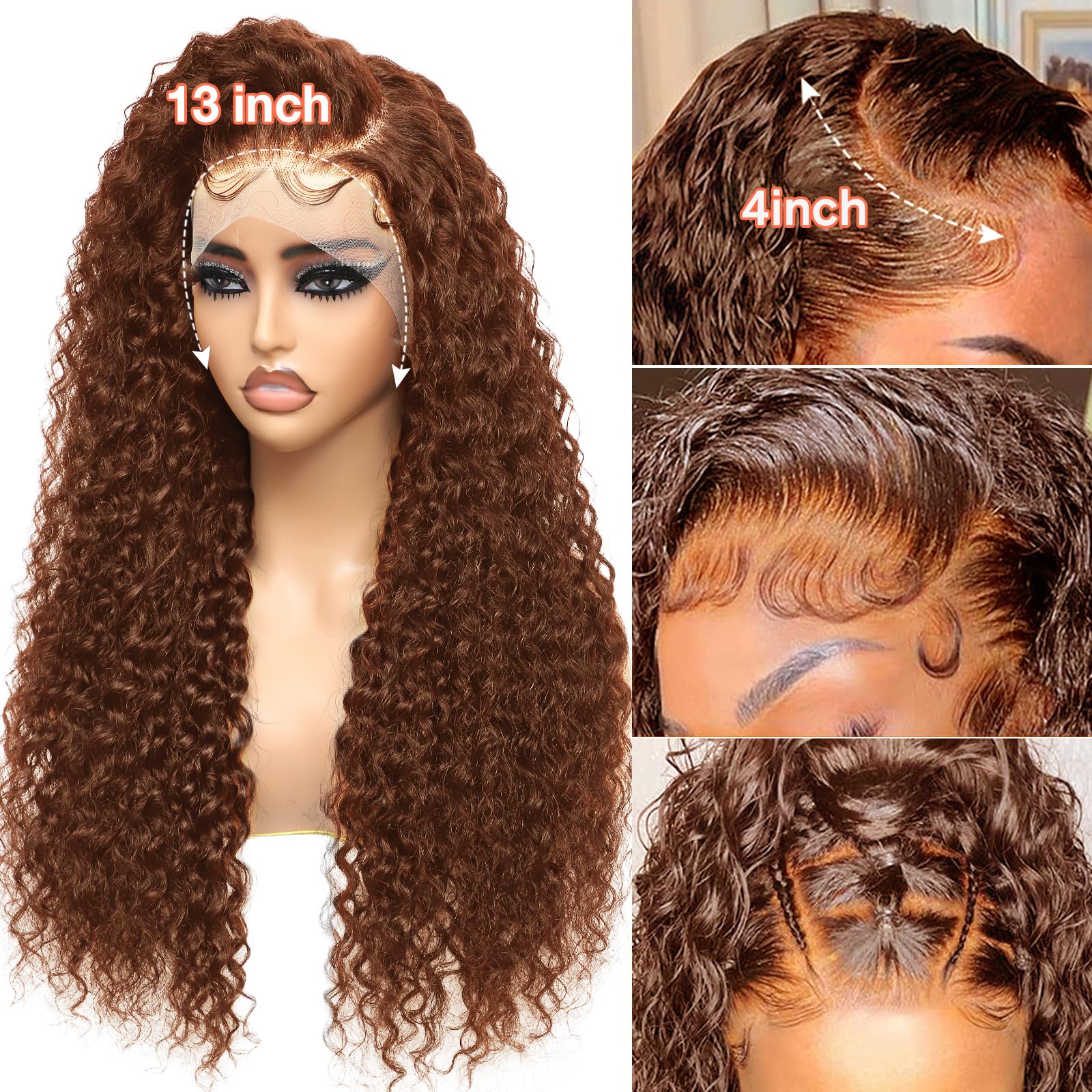 Tunfine #4 Chocolate Brown Human Hair wig for Woman,13x4 HD Lace Front Wigs Human Hair,180 Density Water Wave Curly Frontal Wig,Pre Plucked Natural Hairline Glueless Real Hair Lace Wigs 20" - Image 2