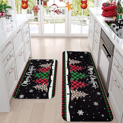 Miniatura 3 de ASPMIZ Juego de 2 alfombras de cocina con diseño de Feliz Navidad, diseño de búfalo verde y rojo, de bajo perfil, alfombras de cocina para árbol de