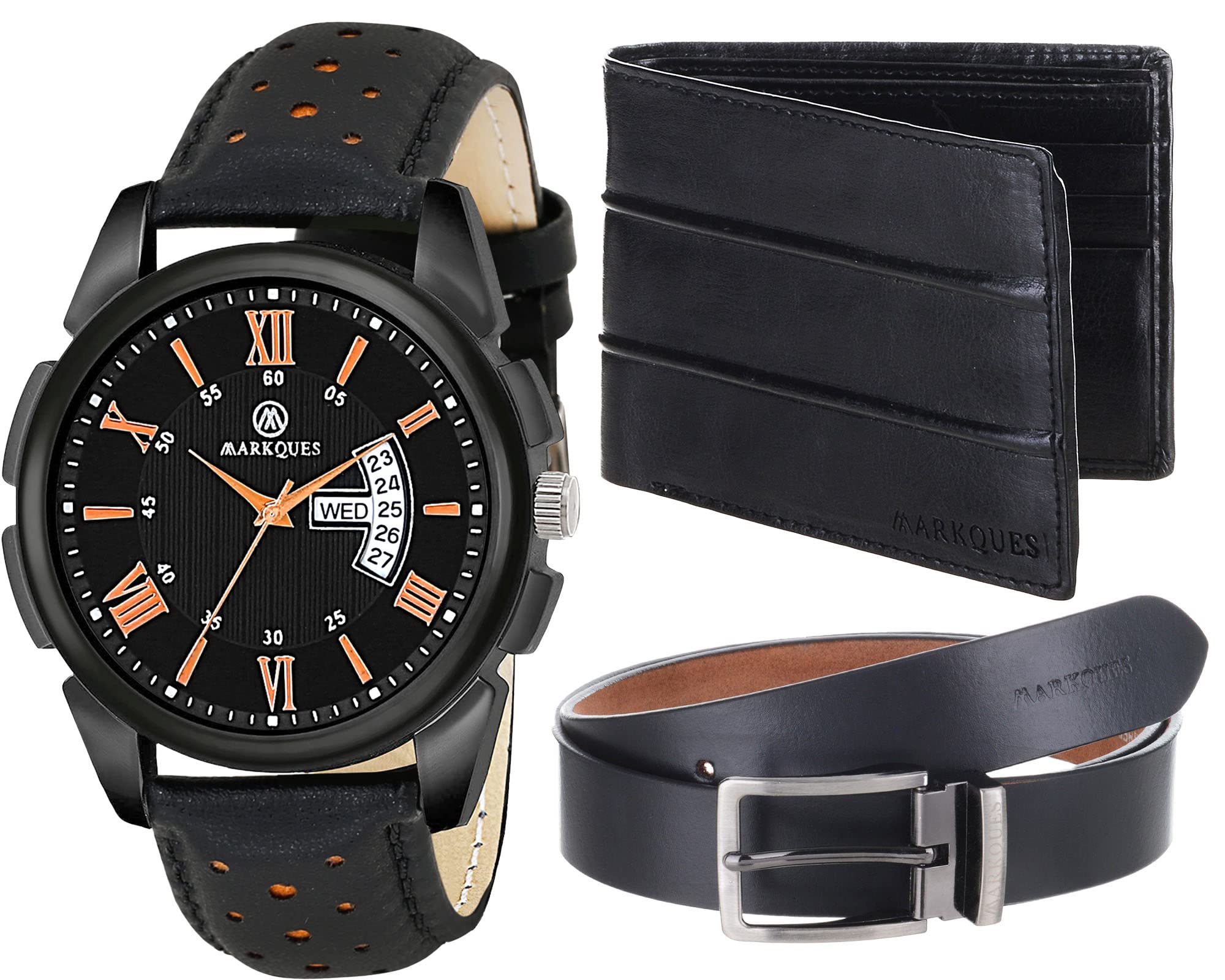 MARKQUES Day & Date Men's Watch, Leather Wallet and Belt 3 in 1 Combo Gift Set for Men and Boys (IND-77010104-BER-01-EXE-01)