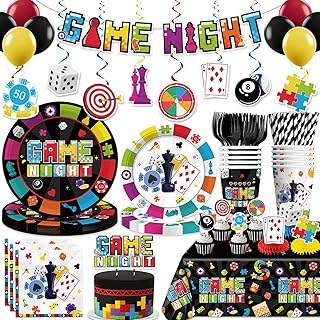 205Pcs Game Night Decorations Tableware, with Cake Toppers, 25 Serves Disposable Tableware Set, with Banner, Plates, Napkins, and Cups, Tablecloth for Family Game Night Party Decorations