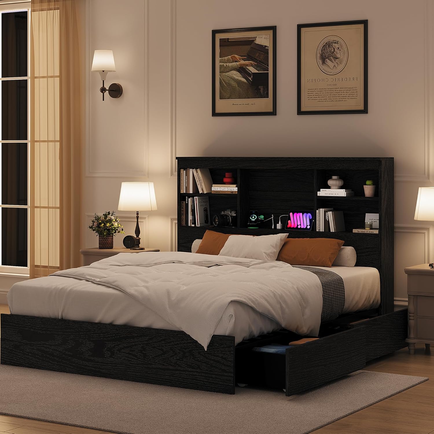 GarveeHome King Size Bed Frame with High Storage Bookcase Headboard, Wood Bed Frame with 4 Storage Drawers, Built in Charging Station, No Box Spring Needed, Metal Frame, Noise-Free, Vintage Black