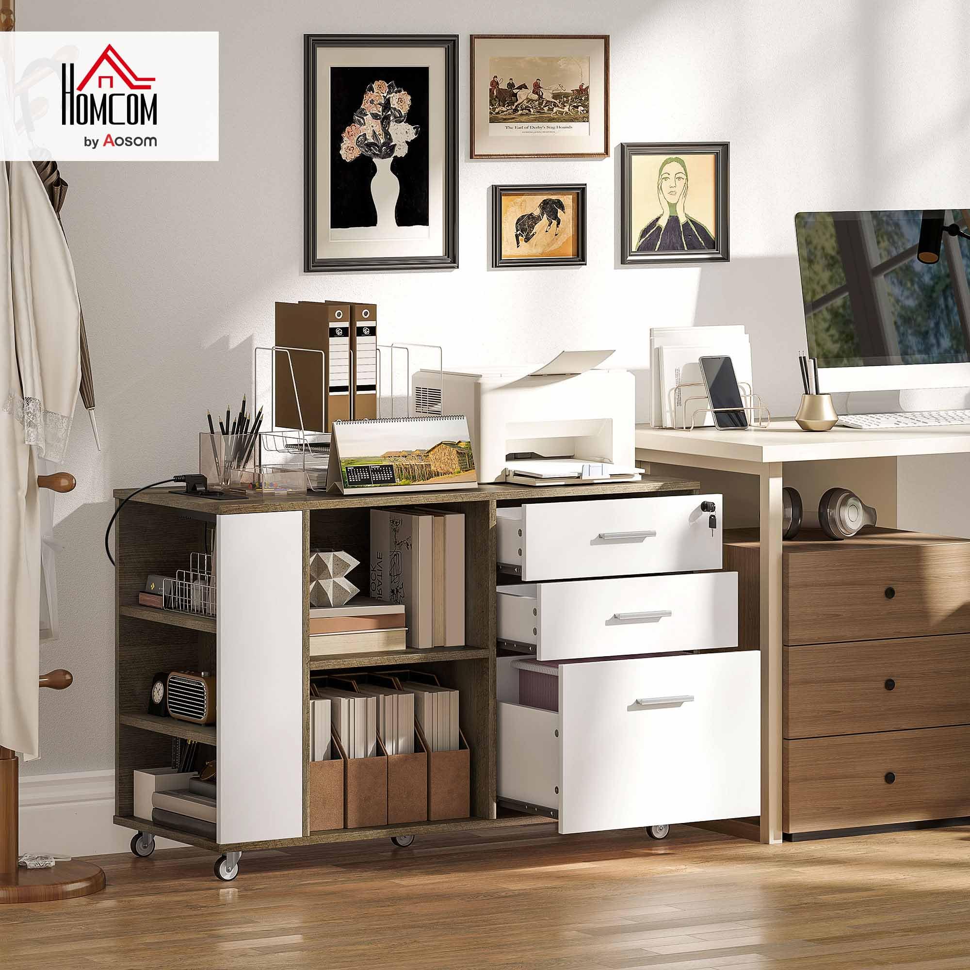 HOMCOM Cajonera de Oficina con Estación de Carga, Mueble Archivador con Ruedas, 3 Cajones, Barra Colgante, Cajonera para Escritorio con Cerradura, Estantes para Carta, A4, Legal, Marrón Grisáceo