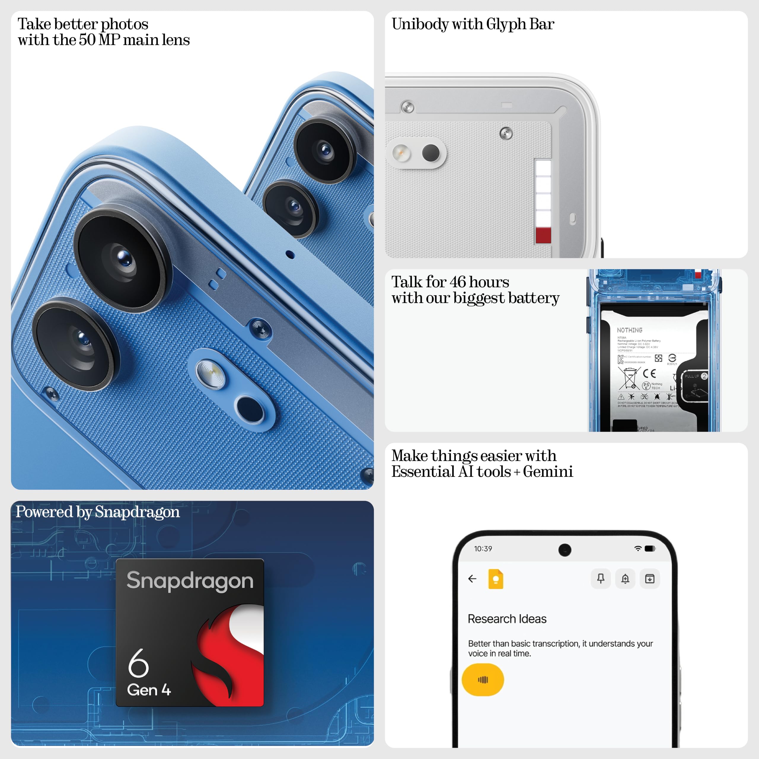Nothing Phone (4b), SIM-freies Android 16 Smartphone, 50 MP Hauptkamera mit OIS, 6,67" 120 Hz AMOLED Display, 5200 mAh Akku, 33 W Schnellladen, 8 GB RAM + 128 GB Speicher, Dual-SIM, Glyph Bar, Schwarz
