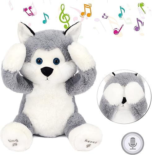 Hopearl Peek A Boo Husky Interactive Repeats What You Say - Juguete de peluche musical que canta y habla, adorable animal de peluche eléctrico