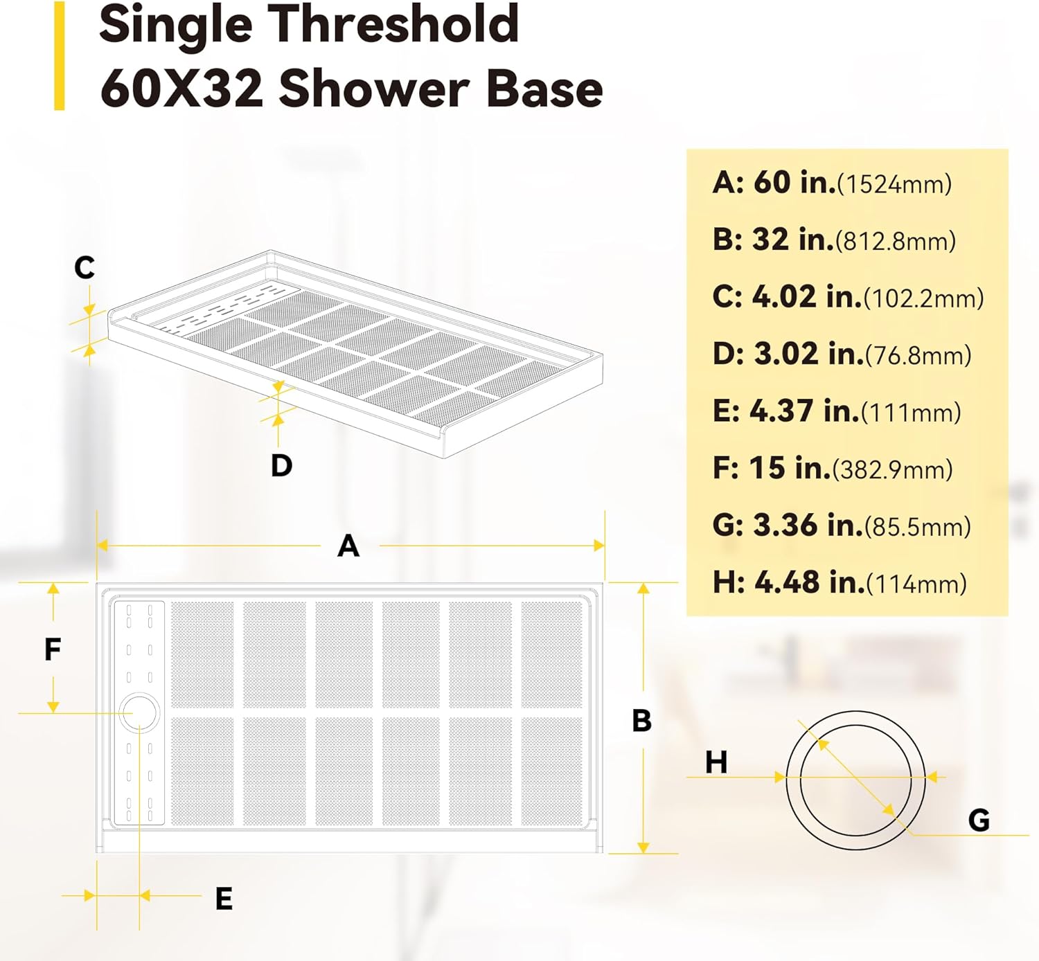 Sunrosa Shower Base 60"×32"×4", Single Threshold Shower Bases with Left Drain, Rectangle Solid Surface White Shower Pan, Slip Resistant Textured Surface, Include Stainless Steel Chrome Cover