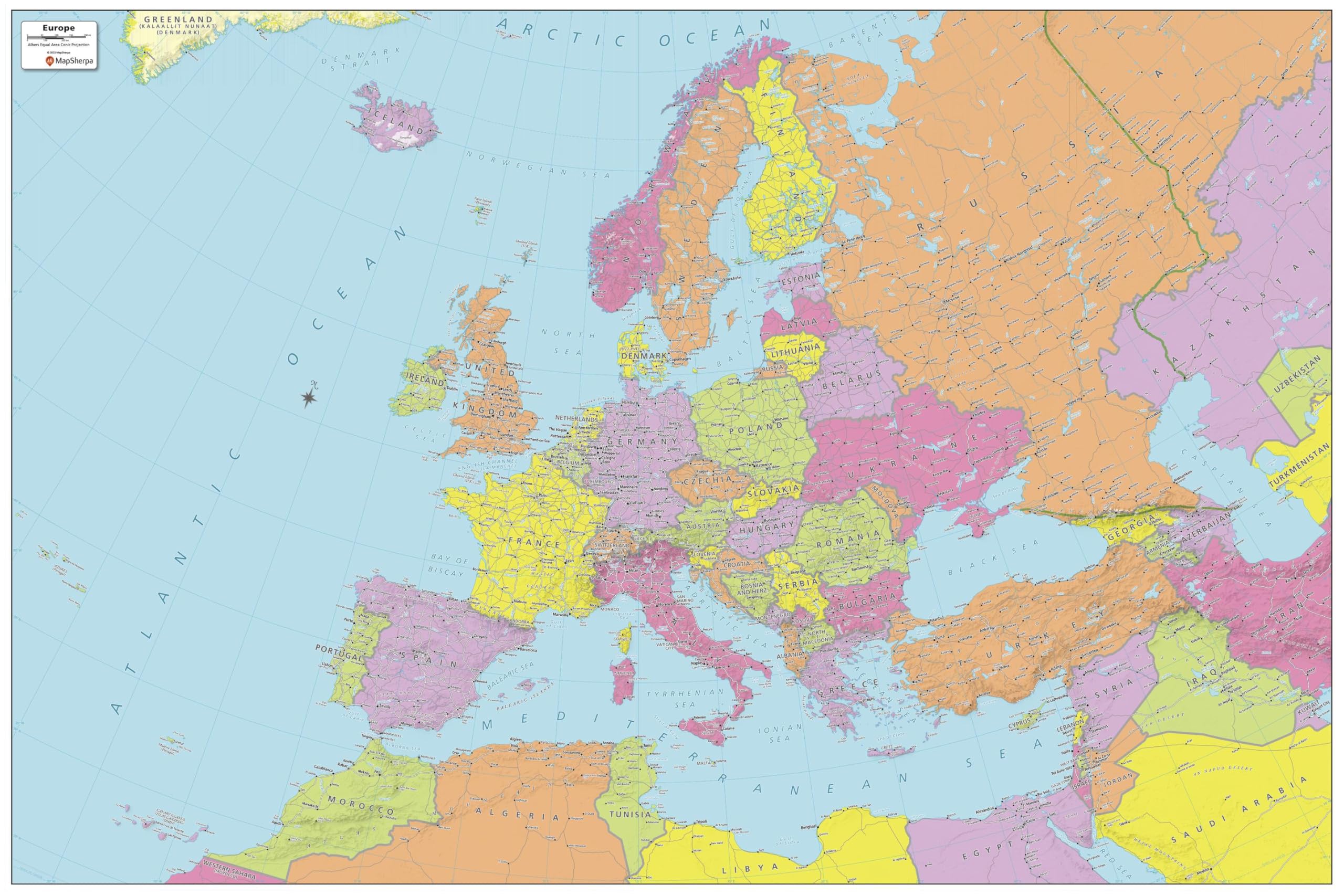 MapSherpa: Europe Political Wall Map - Extra Large - 152 x 102 cm Poster - Rolled Canvas