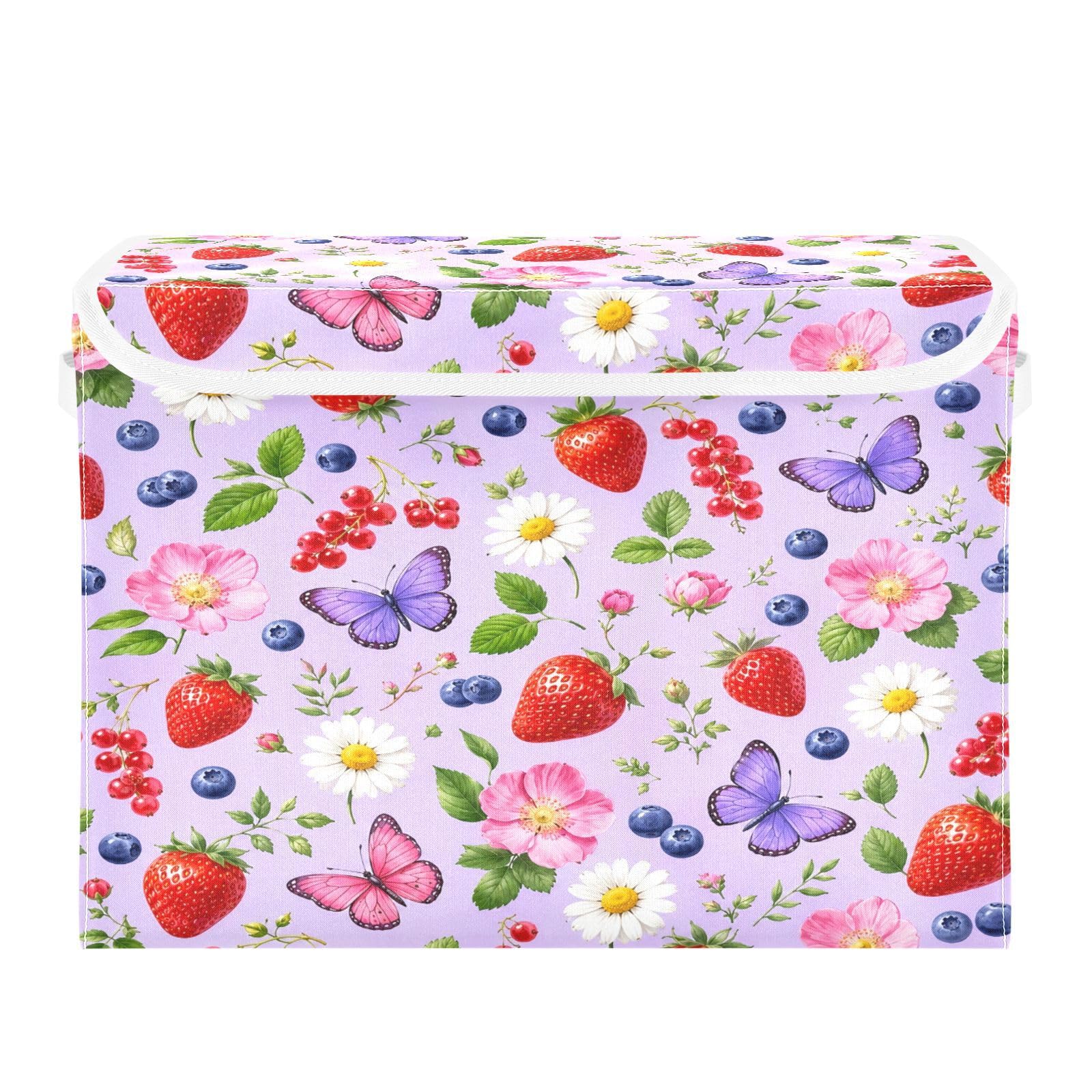Ewusp Strawberry Flowers Fabric Storage Bin with Lid, Decorative Foldable Storage Basket with Handles, Stackable Closet Shelf Organiser Box for Clothes, Books, Bedroom, Living Room