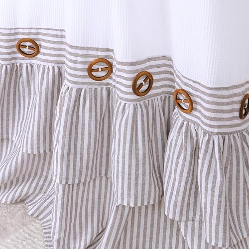 Miniatura 6 de Cortinas de lino con pestaña superior, cortinas bohemias con botones rústicos, de tejido gofre, a rayas marrones, filtrado de luz, privacidad