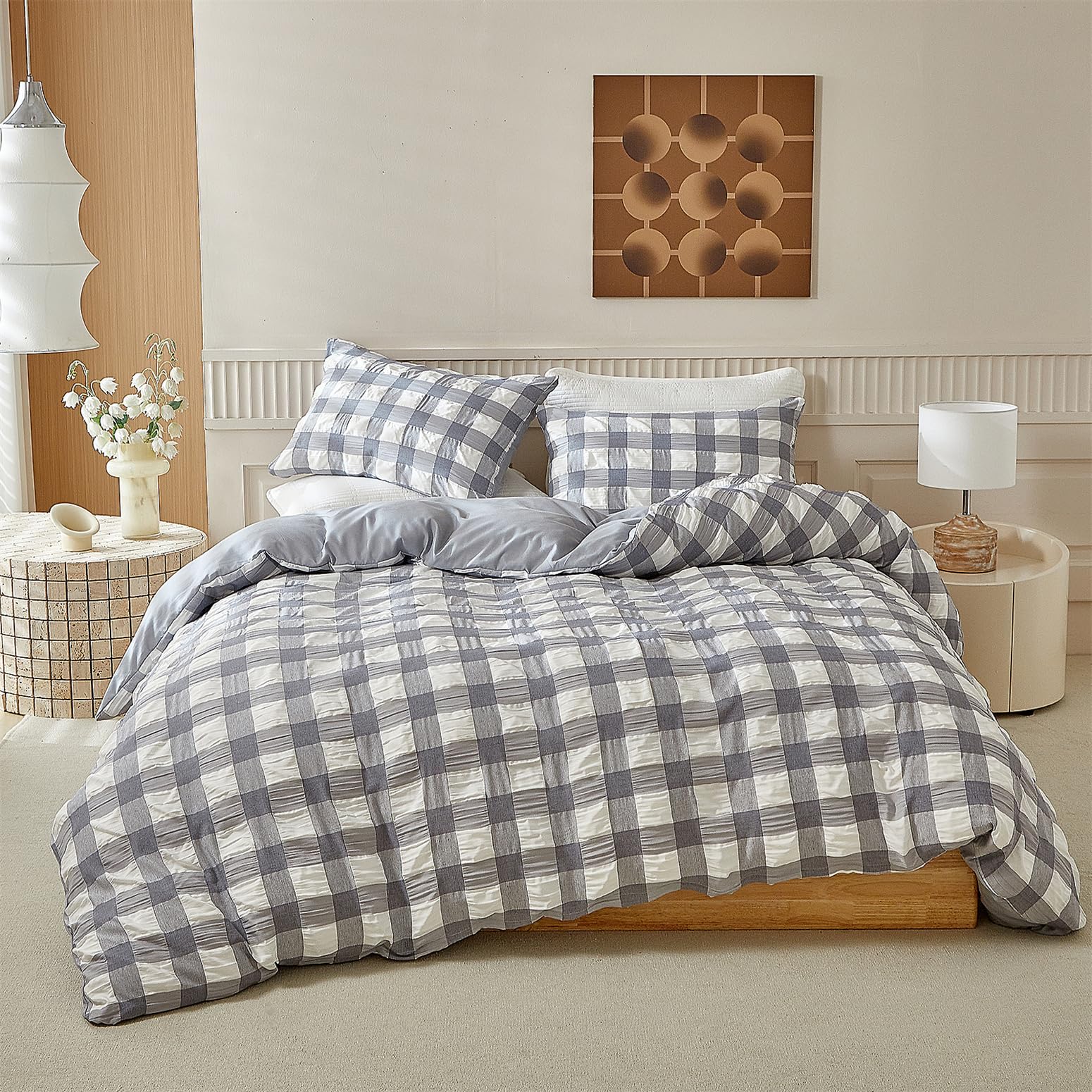 YASMENG Seersucker - Ropa de cama de 220 x 240 cm, diseño a cuadros, color gris y blanco, ropa de cama de 3 piezas, suave y transpirable, microfibra, funda nórdica con cremallera y 2 fundas de