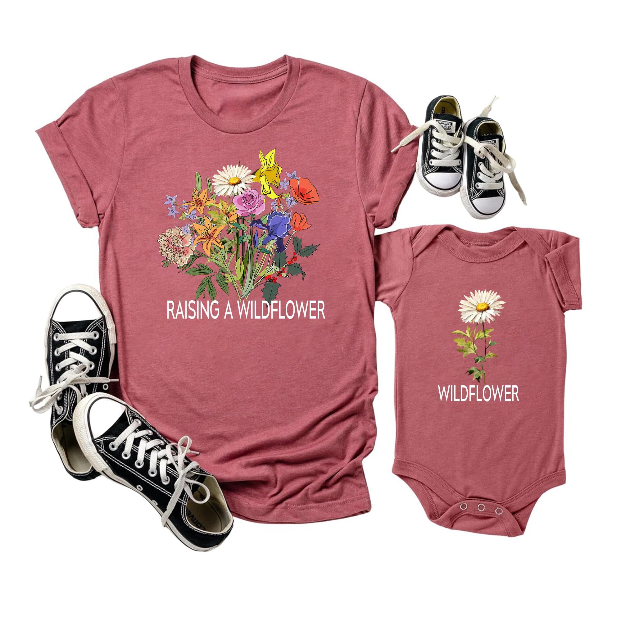 IZI PODPersonalized Our First Mothers Day Shirt, Matching Mom Shirt and Baby Bodysuit, Onesie Mothers Day Outfits for New Mom, Baby Shower New Born Gift, Mother's Day Raising A Wildflower Design Gift