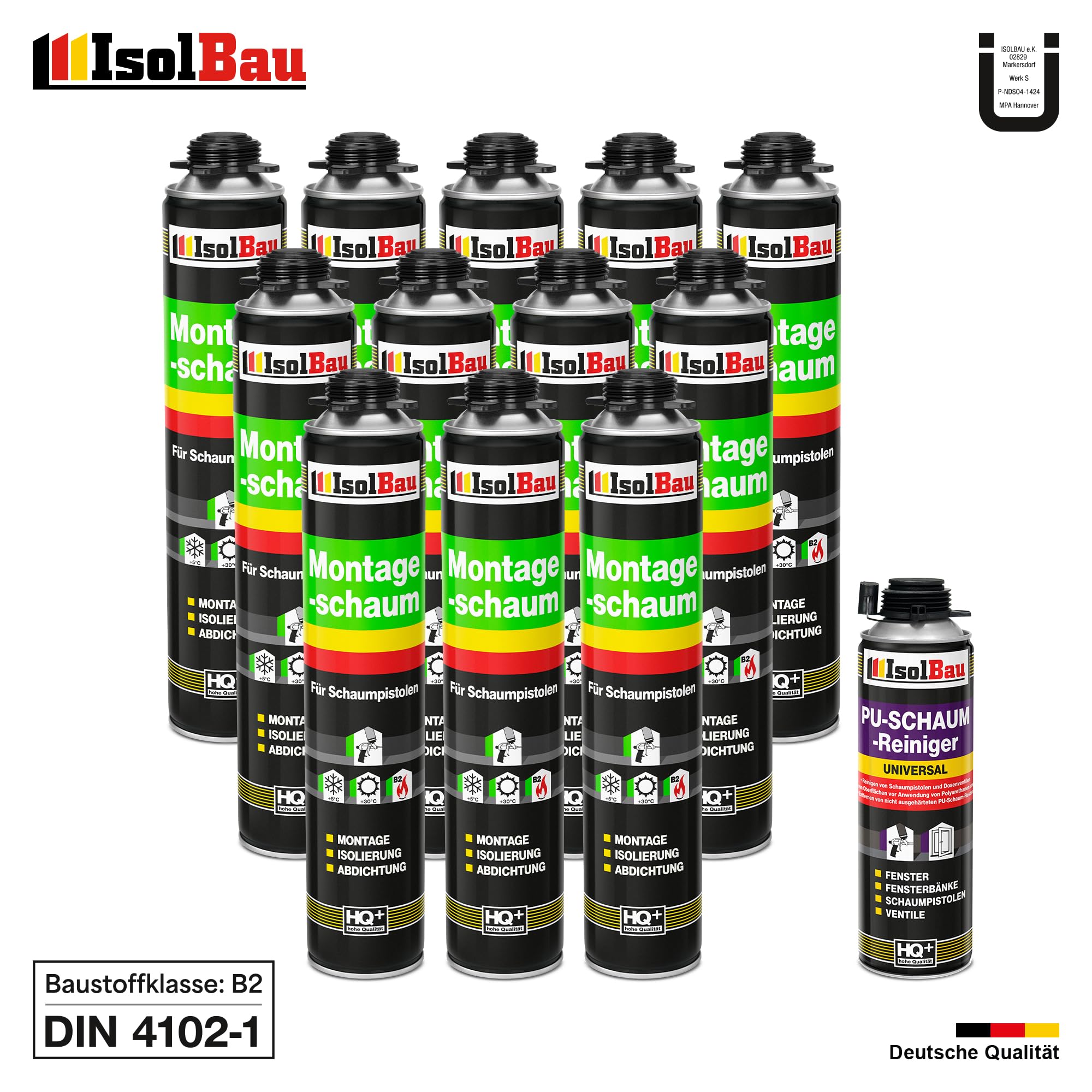 Isolbau Bauschaum-Set - Inkl. 12 x 1K Montageschaum B2 Pistolenschaum mit hervorragender Schall und Wärmedämmung (je 750 ml) & 1 x PU-Schaum-Reiniger (500 ml), Dämmen