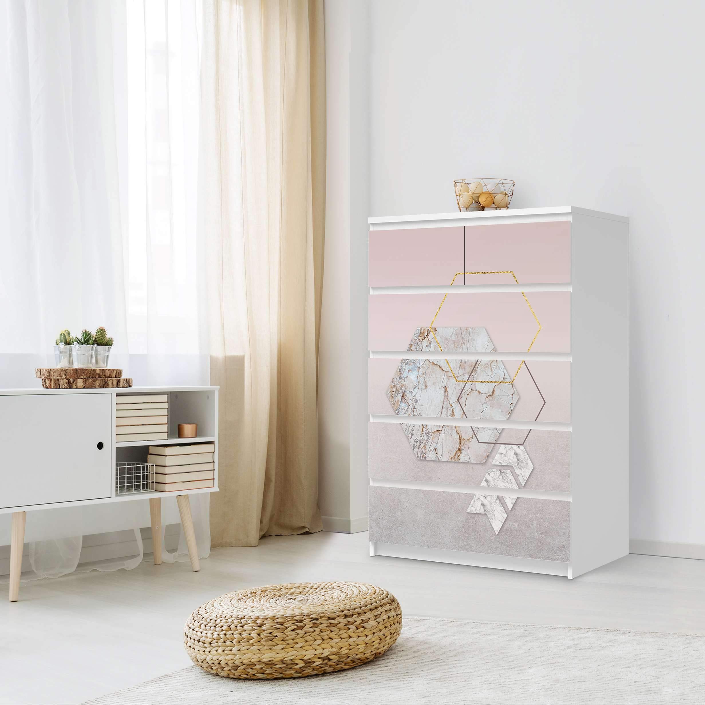 Wandtattoo Möbel passend für IKEA Malm Kommode 6 Schubladen (hoch) I Möbelaufkleber - Möbel-Tattoo Sticker Aufkleber I Wohnen und Dekorieren für Wohnzimmer und Schlafzimmer - Design: Hexagon