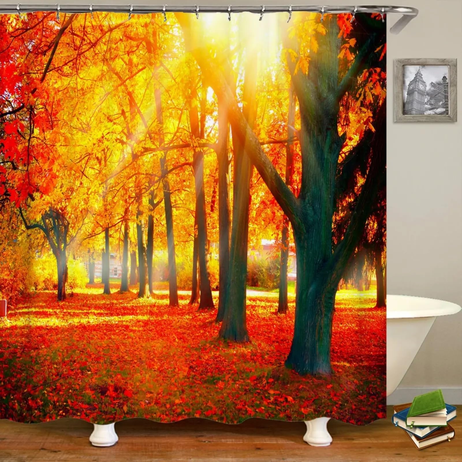 Rideau de douche en polyester imperméable effet 3D paysage de forêt automnale