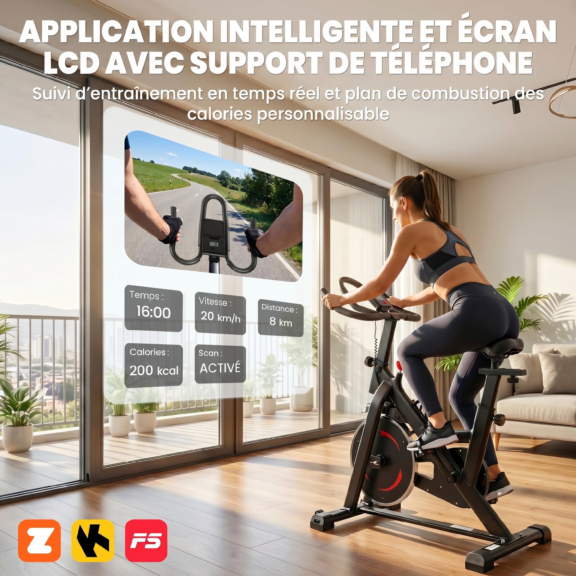 SPORTNOW Vélo d'Appartement Résistance Réglable APP Bluetooth LCD Noir
