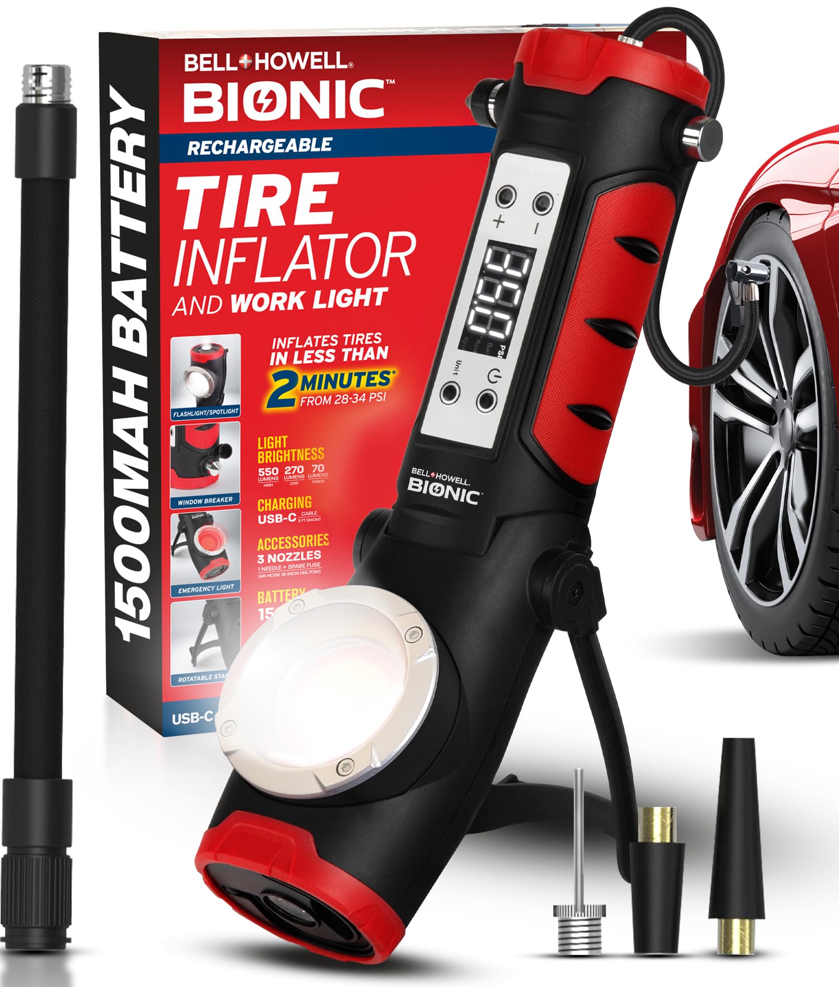 BIONIC RESCUE - Compressore d'aria portatile con luce da lavoro e rompi finestre, pompa ad aria da 1500 mAh con manometro, luce da lavoro a LED, luci di emergenza per veicoli, ricaricabile (150 PSI)