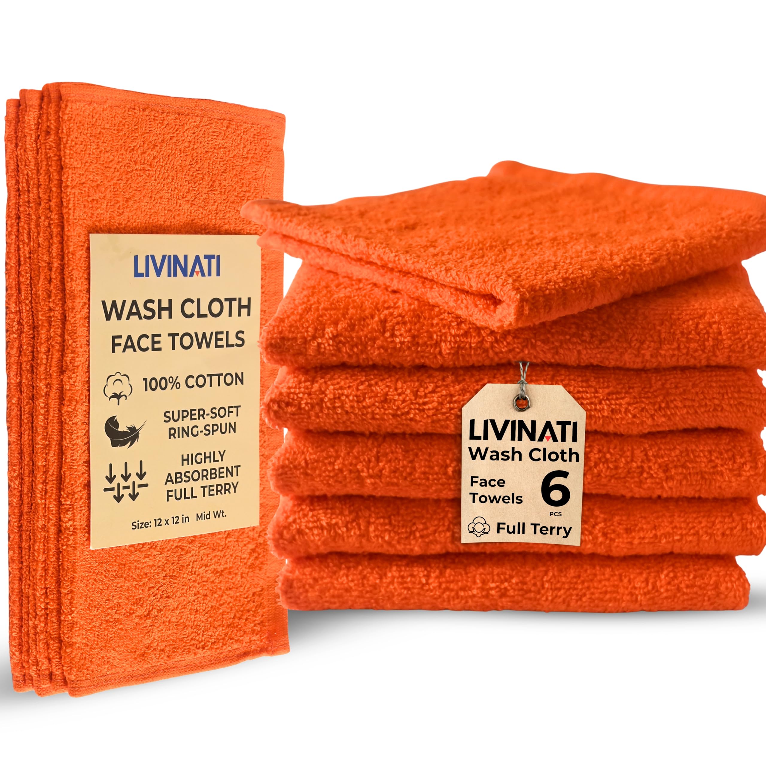 Orange 100% Cotton Wash Cloths For Showering Body And Face - 12"X12" 6 Pack Washcloths - Small Terry Towel Bath Rags For Adults And Kids Bathroom - Soft Absorbent