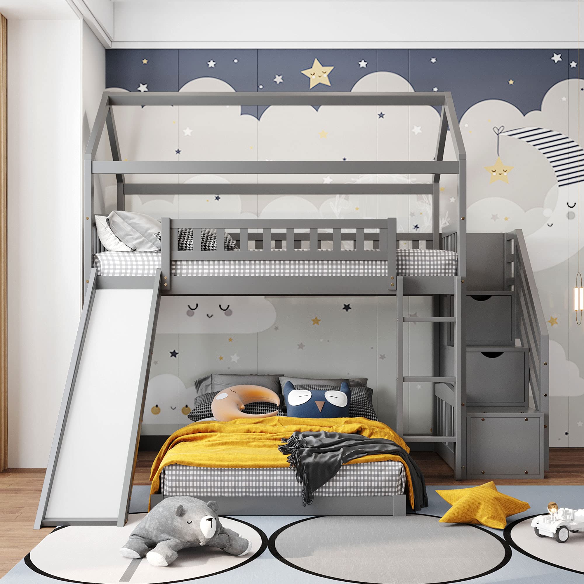 House Bed Bunk Beds with Slide , MERITLINE Wood Twin Bunk Bed with Stairs for Kids , House Bunk Beds with Roof and Two Drawers for Boys or Girls, No Box Spring Needed, Gray