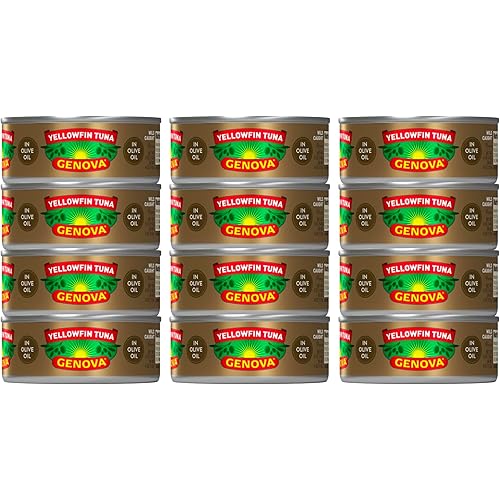 Genova Premium Yellowfin Tuna in Olive Oil, 5 Ounce Cans (Pack of 12), Wild Caught Canned Tuna, Solid Light