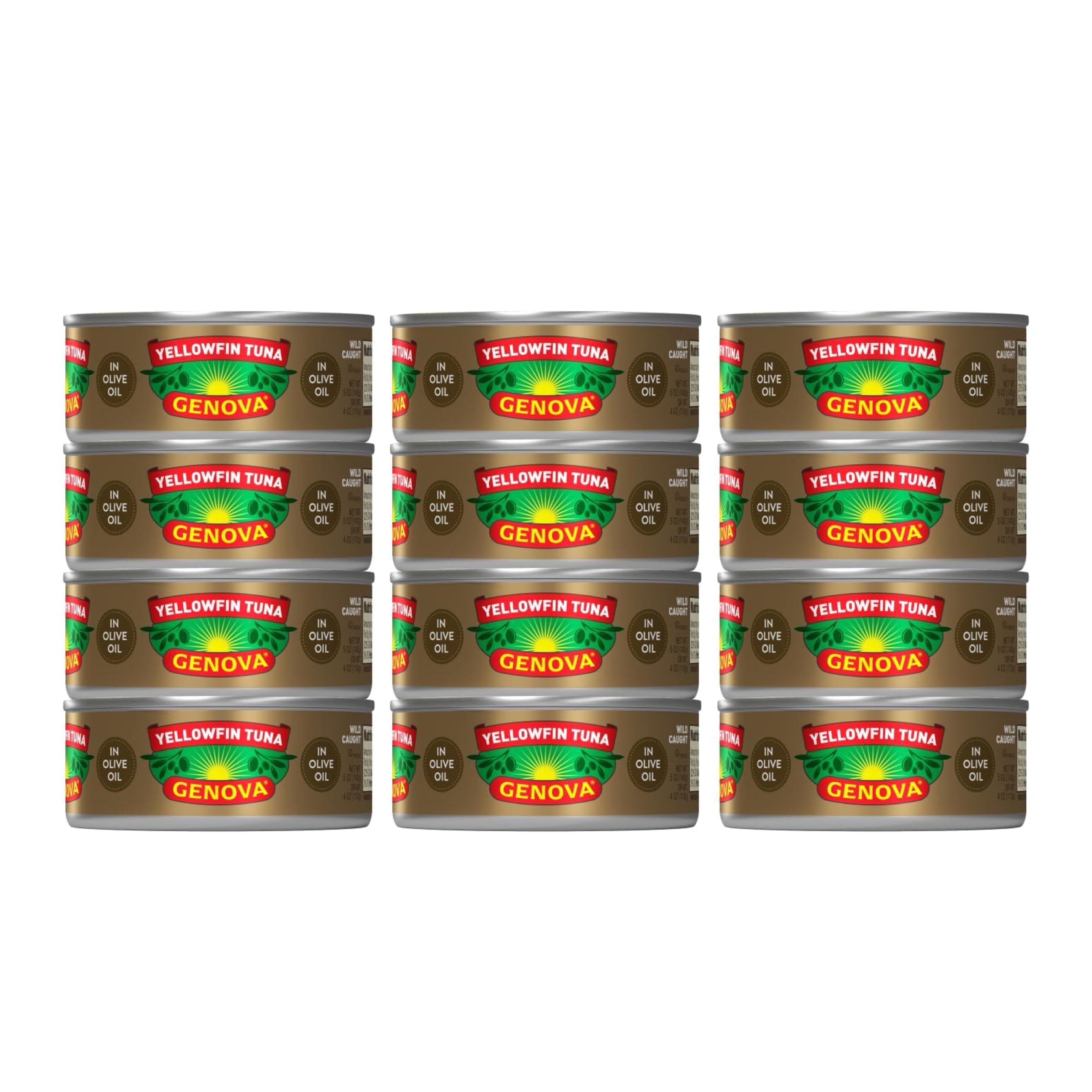 Genova Premium Yellowfin Tuna in Olive Oil, 5 Ounce Cans (Pack of 12), Wild Caught Canned Tuna, Solid Light