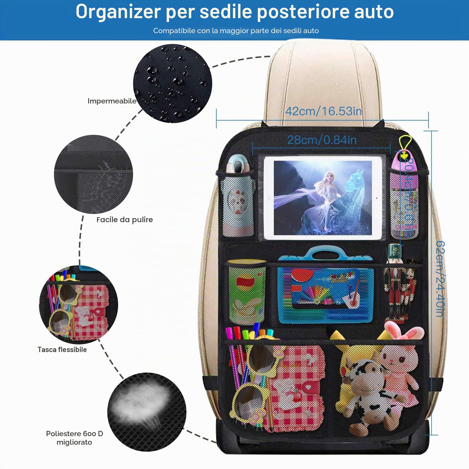 Organizer Sedile Auto Bambini, 2 Pcs Protezione Proteggi Sedile Posteriore con Multi-Tasca Portaoggetti (9 Pocket), Impermeabile Organizzatore Auto con Supporto Trasparente per 10” ipad Tablet