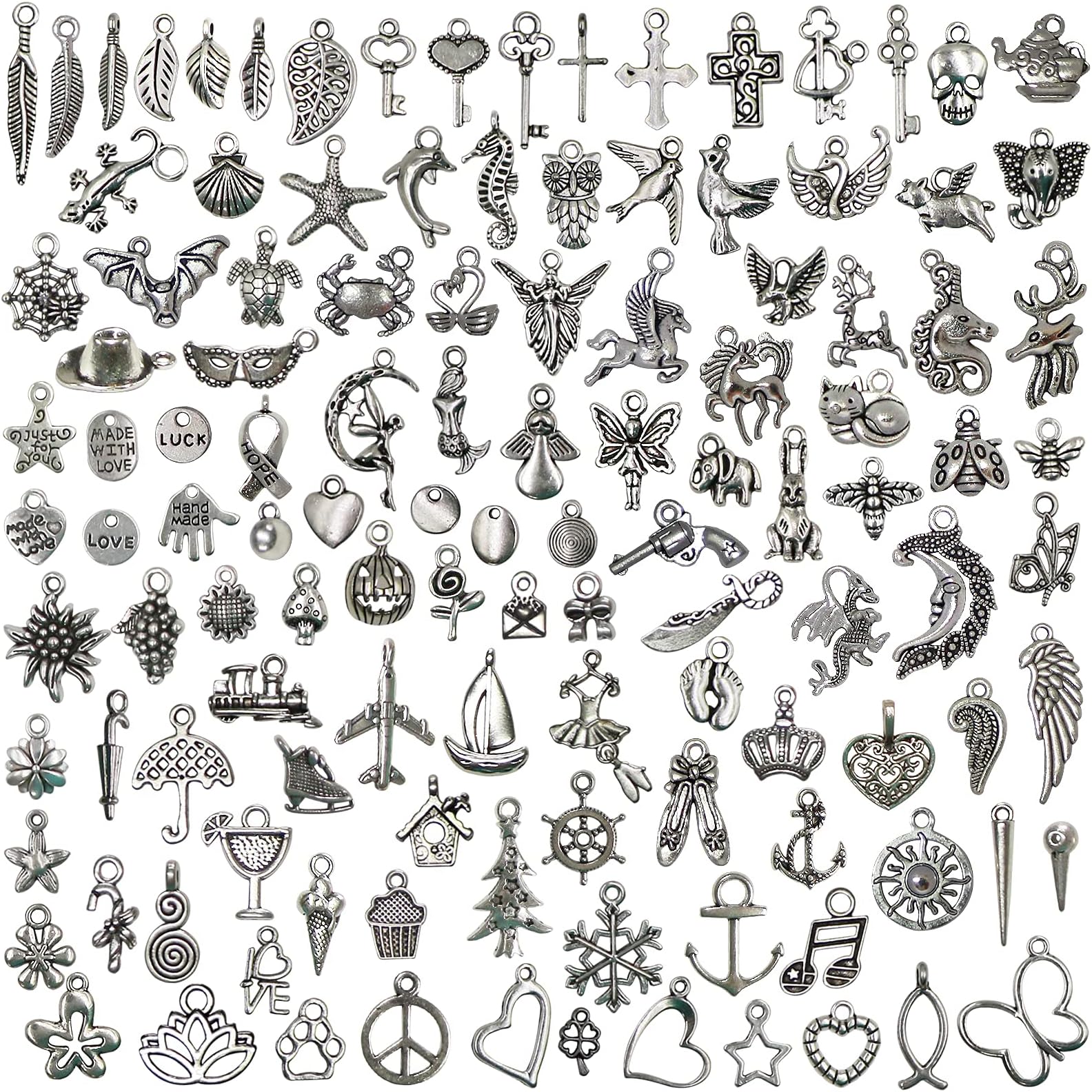 120PCS Wholesale Bulk Lots Jewelry Making Silver Charms Mixed Smooth Tibetan Silver Metal Charms Pendants DIY for Necklace Bracelet Jewelry Making and Crafting