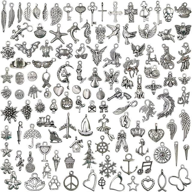 120PCS Wholesale Bulk Lots Jewelry Making Silver Charms Mixed Smooth Tibetan Silver Metal Charms Pendants DIY for Necklace Bracelet Jewelry Making and Crafting