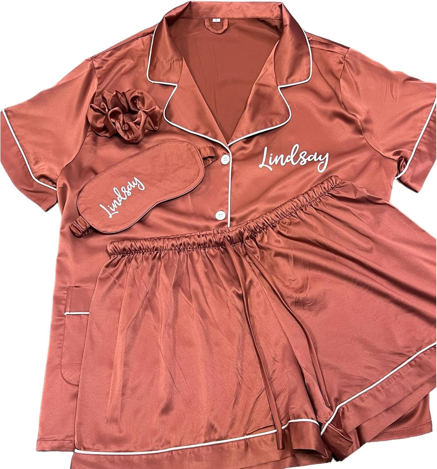 Personalized Luxury Pajama Set for Women with Sleeping Mask & Scrunchie - 2 pieces PJs - Satin Bridesmaids Pajamas - Image 2