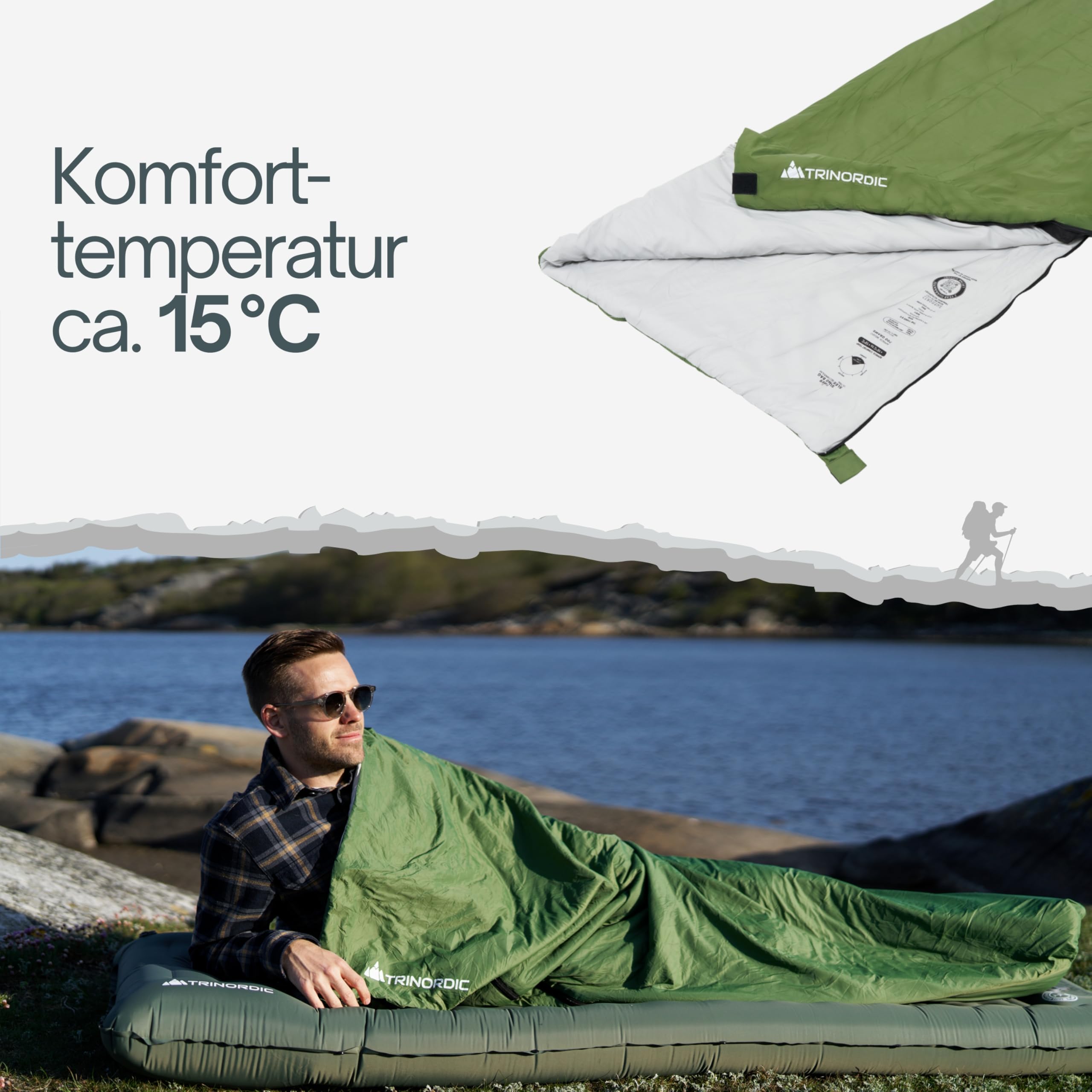 Trinordic 700g Ultraleicht Deckenschlafsack – mit Anti-Klemm-Reißverschluss – Kompakte Schlafsack Sommer für Erwachsene – Outdoor Wandern, Rucksackreisen, Bikepacking und Reisen