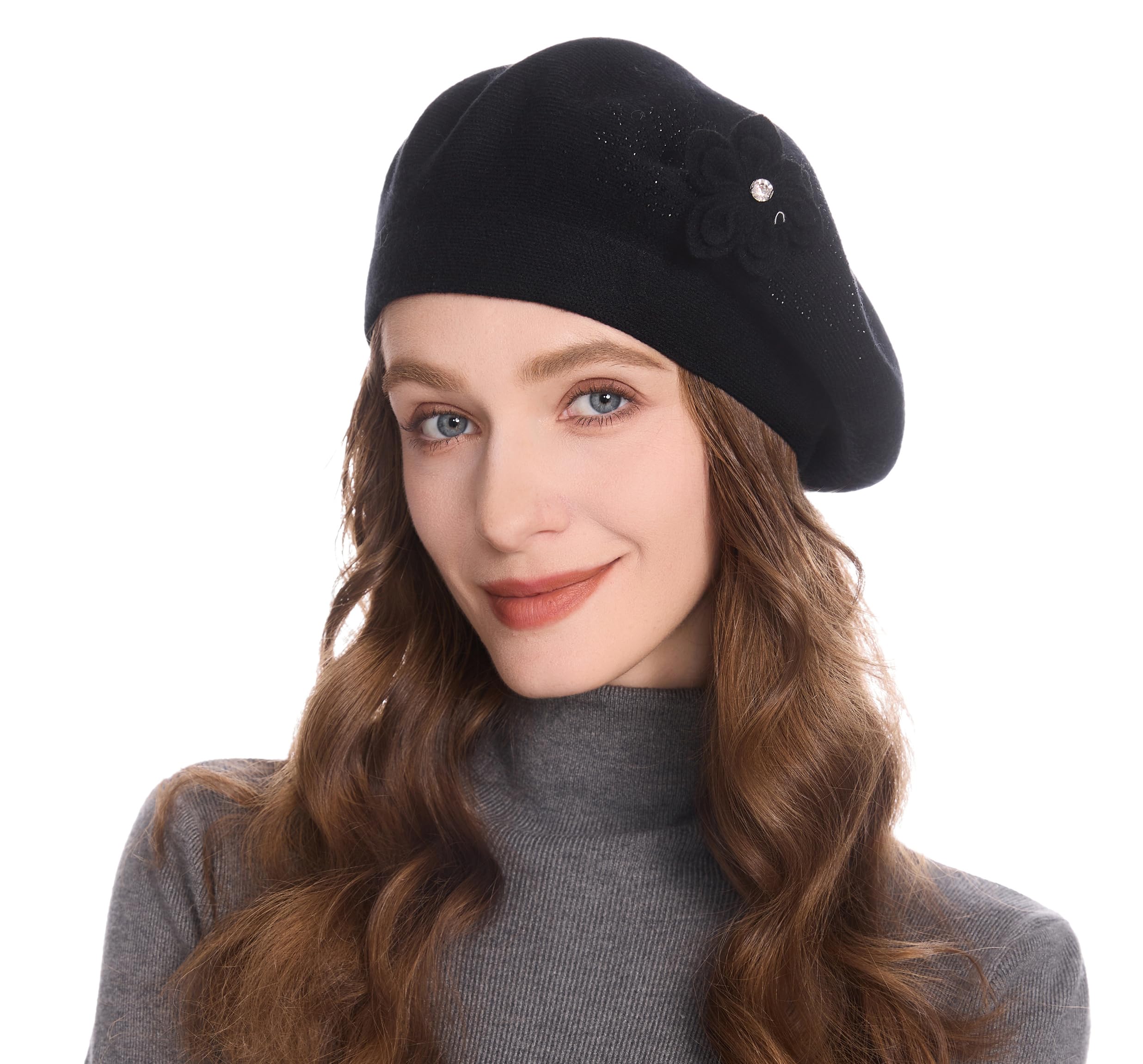 ZLYC Damen Französische Baskenmütze Winter Barette Beret mit Blumen Blumen Verziert