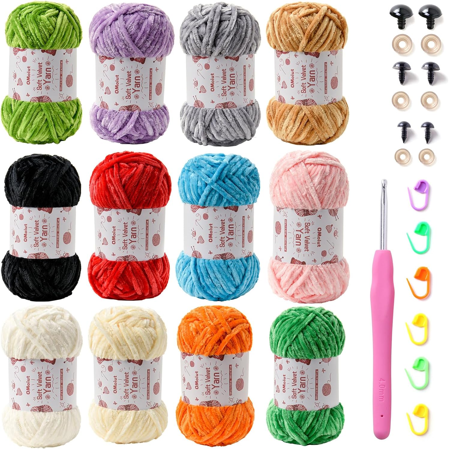 OMoiut 12 Pack Chenille Chunky Yarn - Baby Soft for Crocheting - White, Red, Pink, Yellow, Blue, Rainbow Velvet - Crochet Blanket and Amigurumi Pack With Accessories