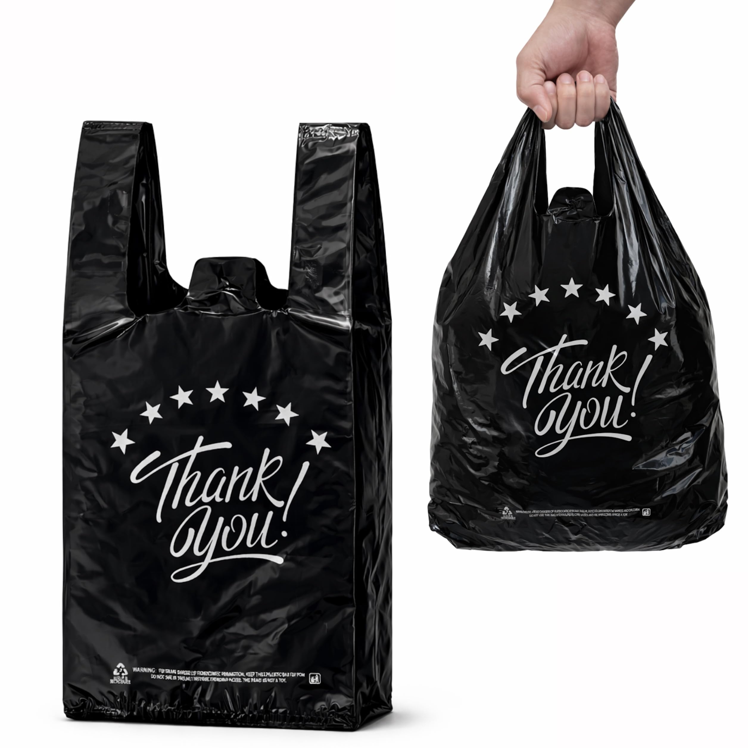 YoYoRain Black Thank you T shirt bag, Grocery shopping bag Reusable and Disposable Supermarket Bag 11''x6''x21'' 200PCS