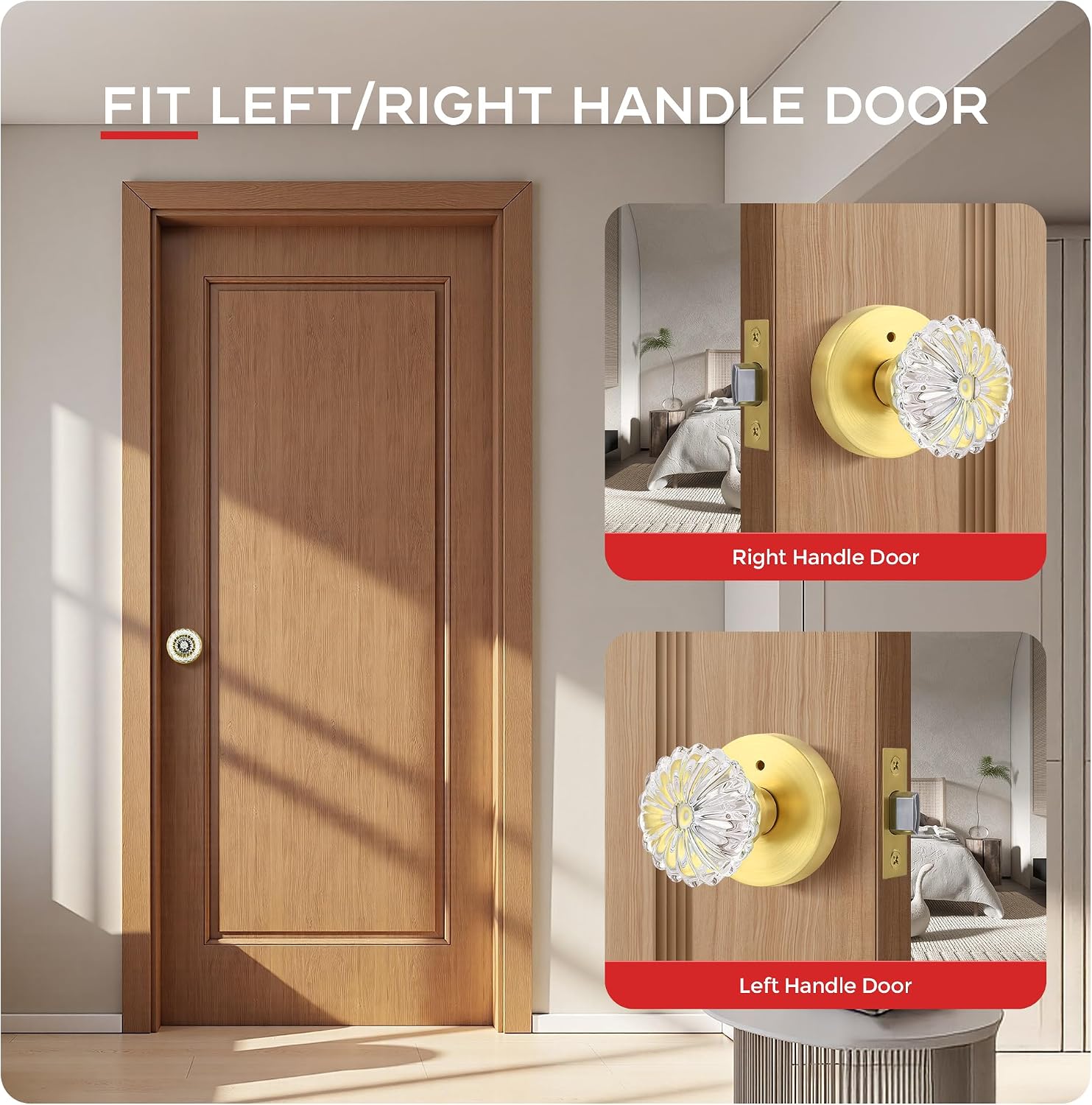 1 Pack Glass Door Knobs, Interior Crystal Privacy Door Knob for Bedroom/Bathroom, Heavy Duty Design, Satin Brass Finish