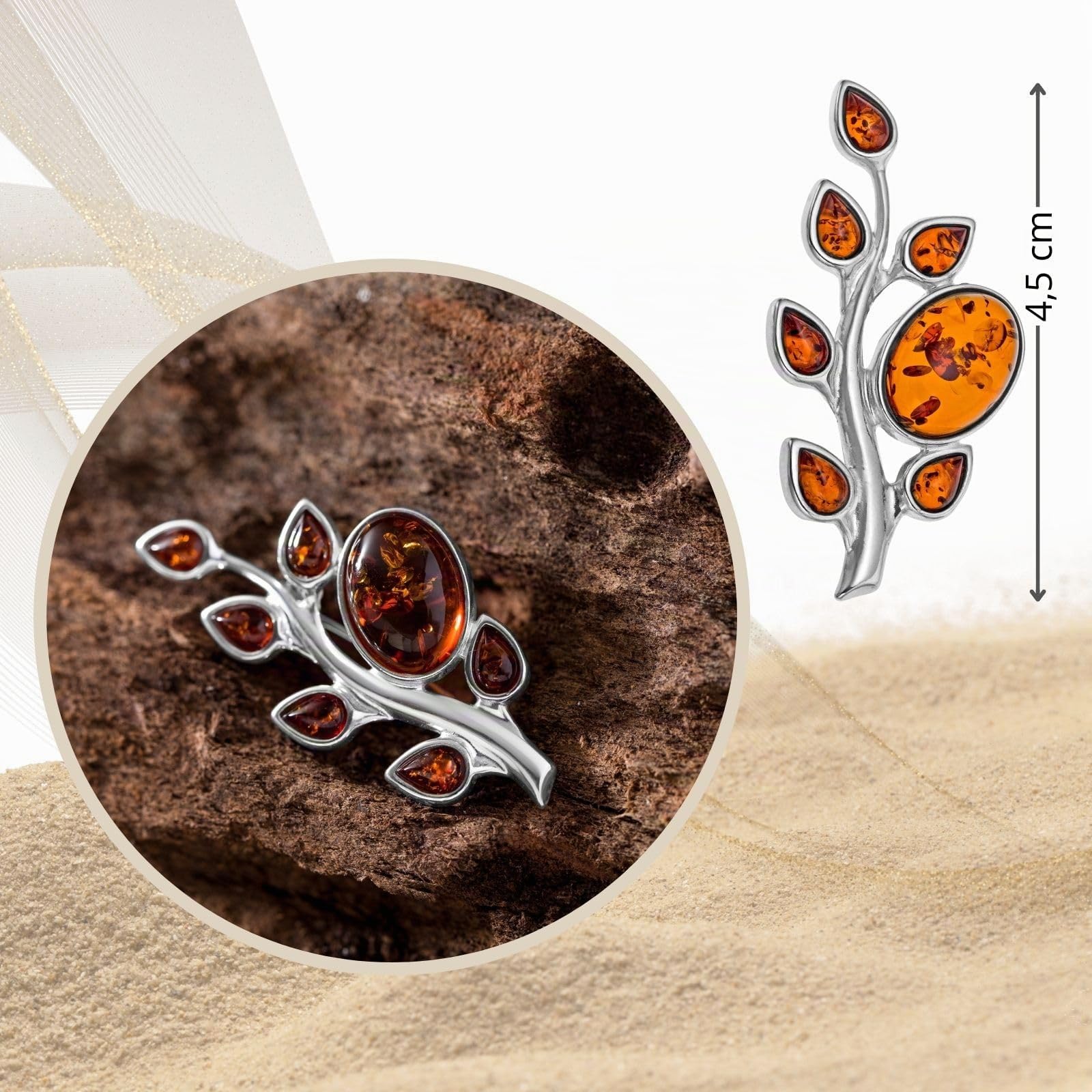 Copal Broche Para Mujer De Plata Con Ámbar En Diseño Natural De Árbol