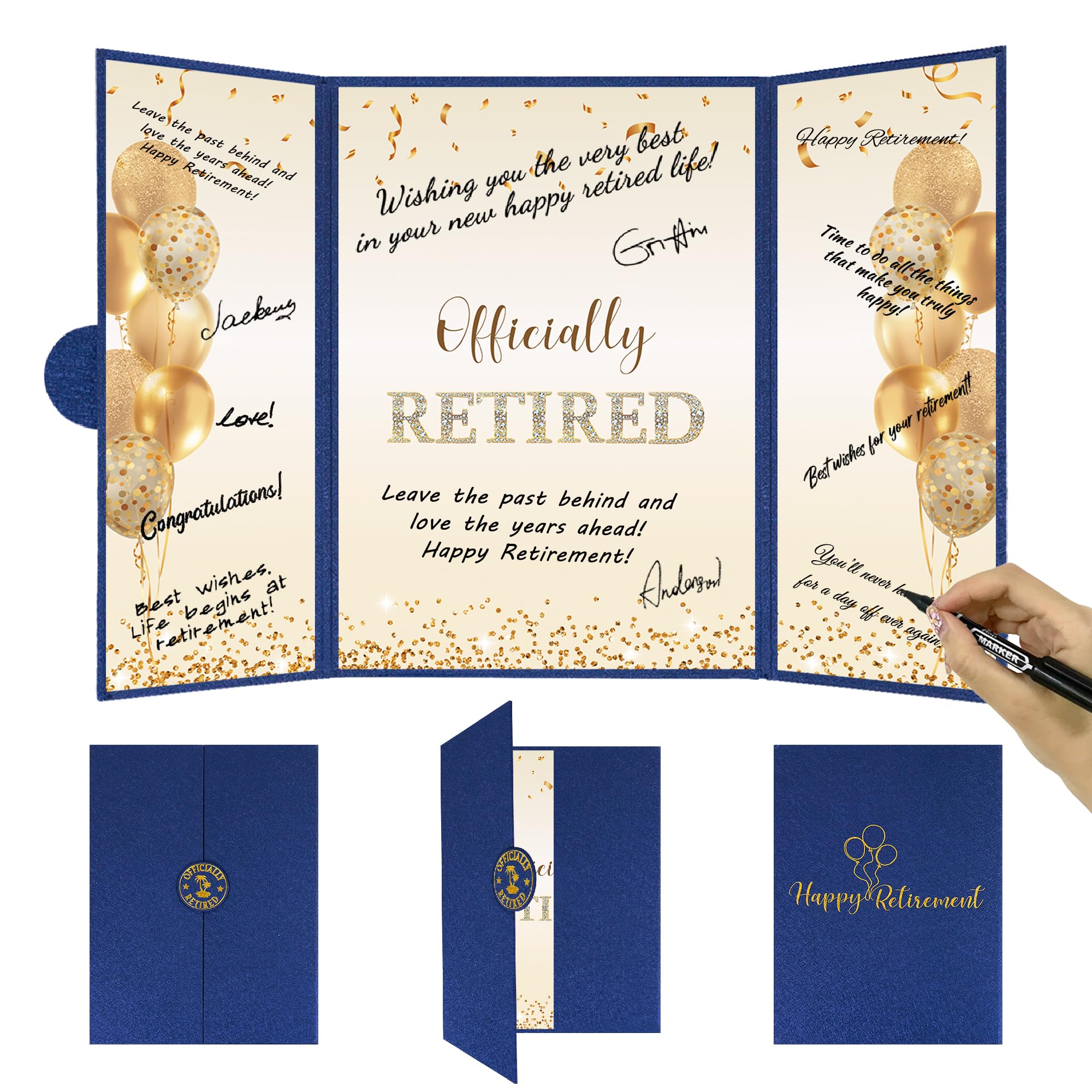 DARUNAXY Blue Gold Retirement Party Decorations, Officially Retired Alternative Signature Guest Book for Men Women Navy Blue Happy Retirement Gifts