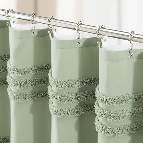 Vista 17 de Dynamene - Cortina de tela para regadera de cubículo, 36 x 72 pulgadas, juego de cortina de tela pequeña con 6 ganchos, con media tul con rayas
