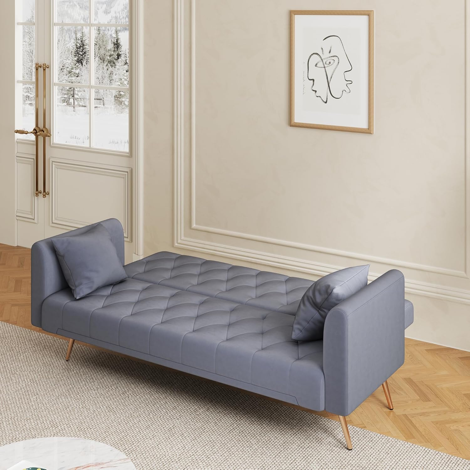 71" Futon Sofa Bed Velvet,Convertible Sleeper Sofa Couch,Modern Folding Futon,with 3 Adjustable Backrests and 2 Pillows,for Small Living Room Bedroom Office (Grey)