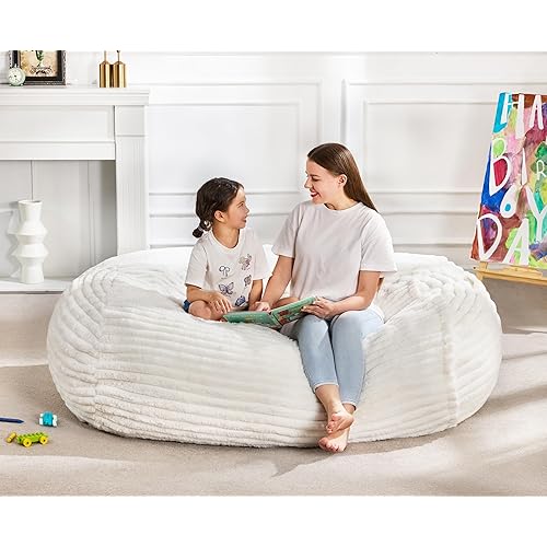 Hobestluk 4FT Bean Bag Chairs Adult Bean Bag with Portable Handle Comfy Large Bean Bag Chair with Removable Cover for Living Room Bedroom or Reading Nook (Stripe White, 4FT)