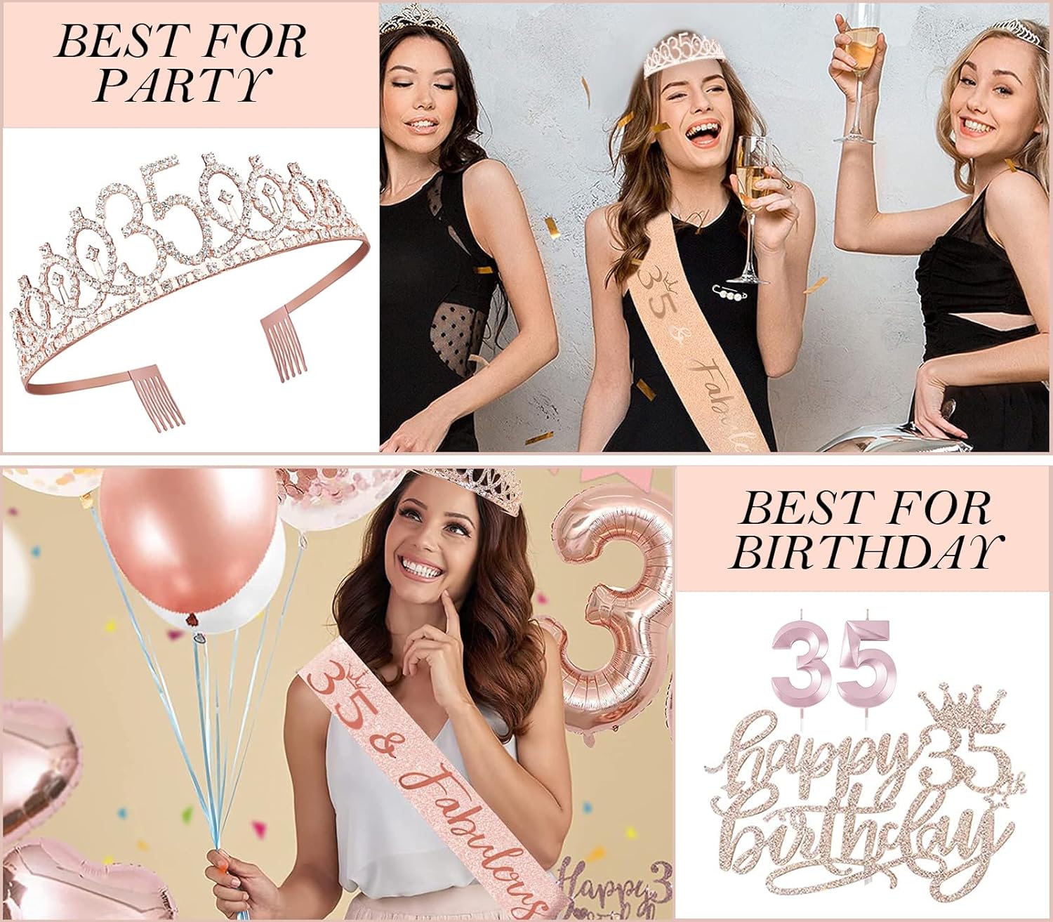 35th Birthday Decorations Gifts for Women, Including 35 year old Birthday Cake Topper, Queen Sash with Pearl Pin, Sweet Rhinestone Tiara Crown, Number Candles and Balloons Set, Rose Gold - Image 6