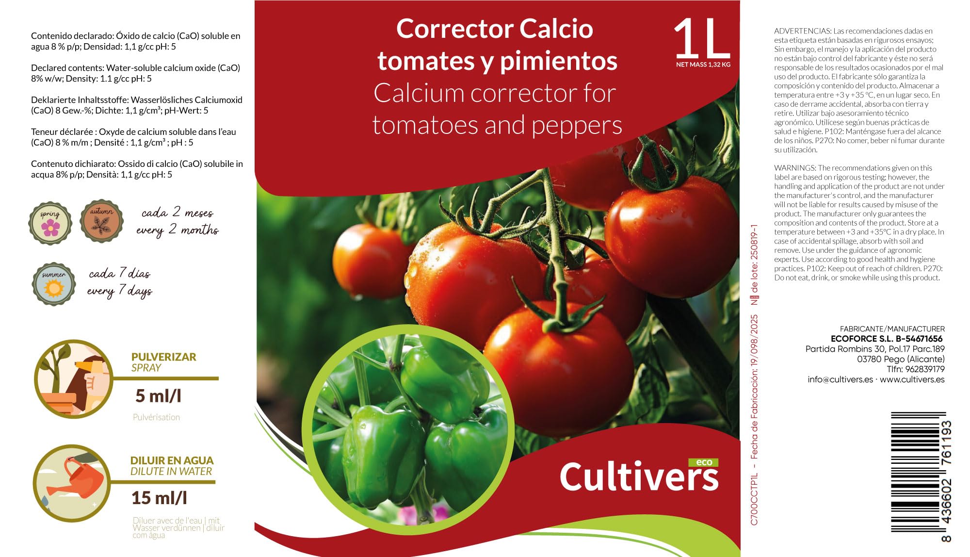 Cultivers CULTIVERS Calcium Pomodori e Peperoni Liquido 5 L Correttore di carenza di calcio per verdure. Il fertilizzante organico naturale rafforza la resistenza alle malattie