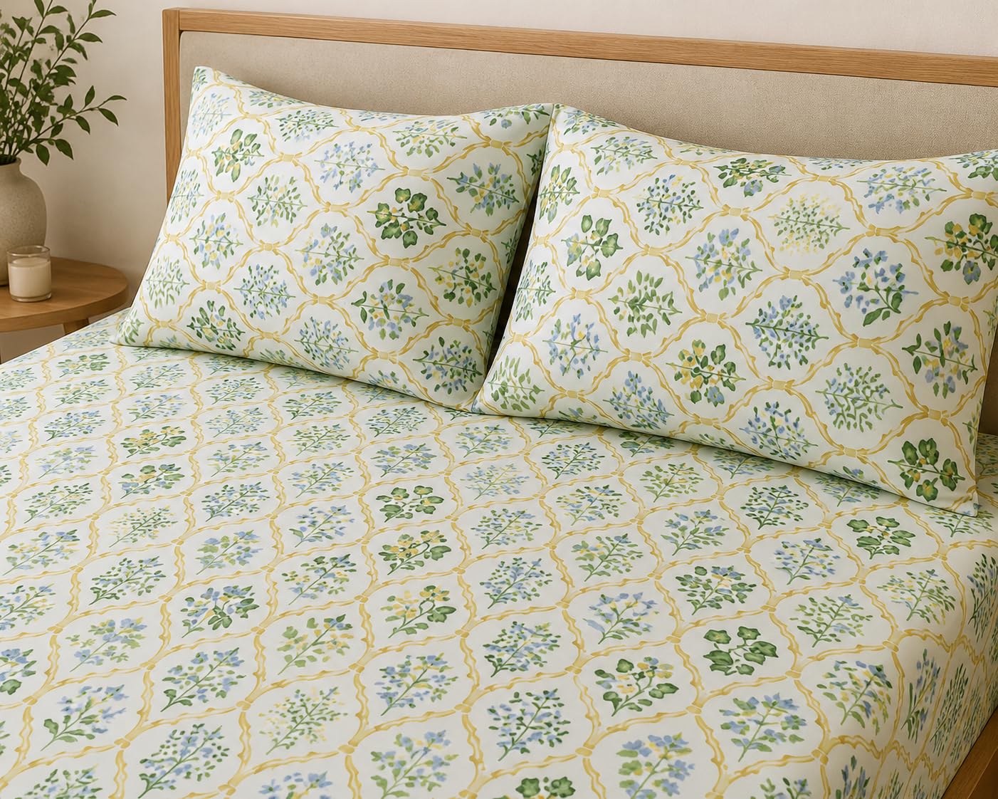 LOOMLYFE 300 TC Cotton Feel Glace Cotton Elastic Fitted Printed Queen Size Double Bed Bedsheet with 2 Pillow Covers Fits Upto 8 inches,Size- 60x78x10 Inches, YellowJaipuri