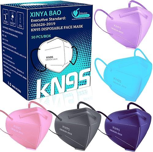 XINYA BAO Paquete de 50 mascarillas KN95 de 5 capas transpirables y cómodas con filtro de seguridad con cinta elástica para las orejas y clip para