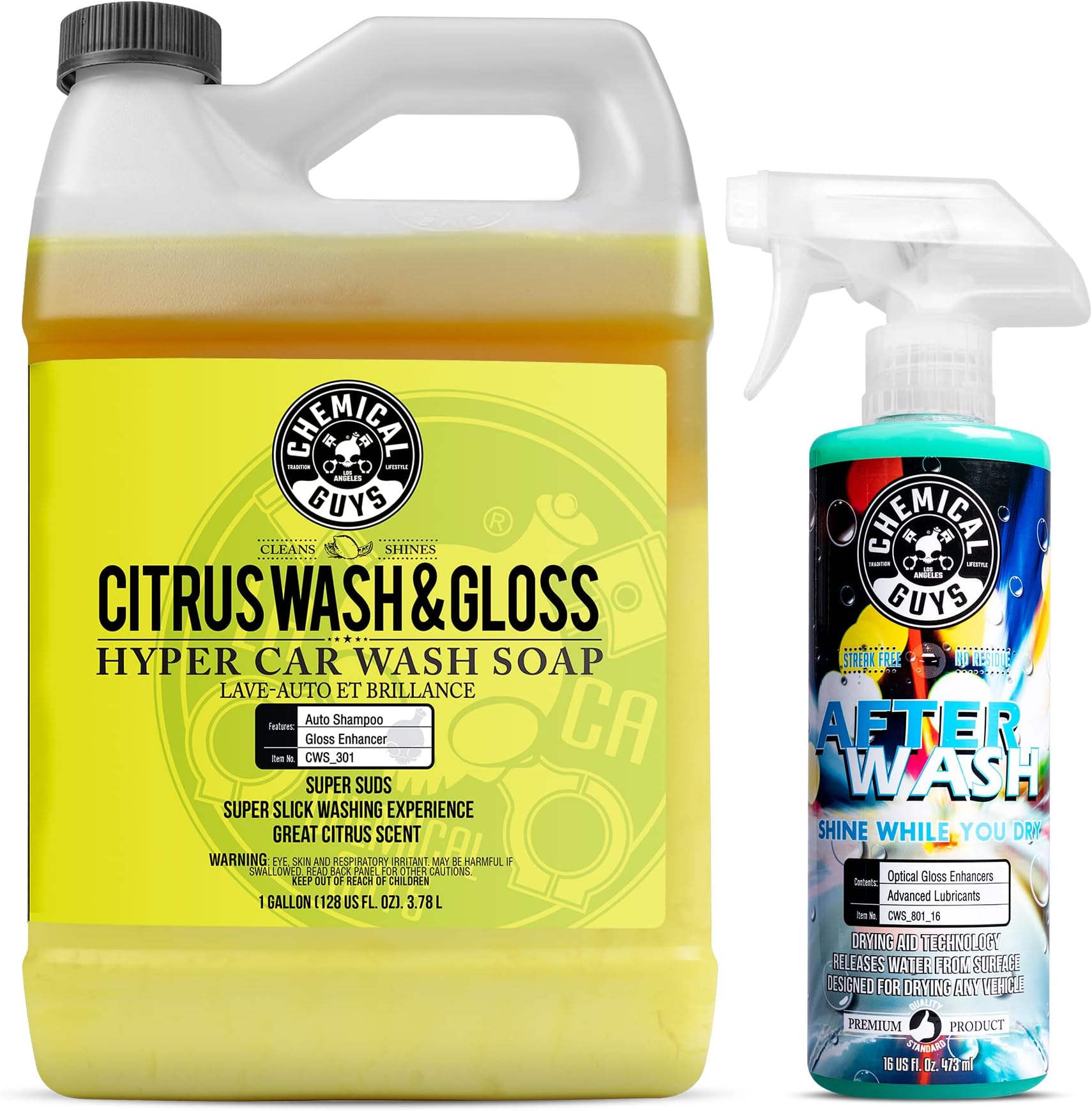 Chemical Guys CWS_301A Car Wash, Dry & Shine Bundle - Citrus Wash & Gloss Foaming Car Wash Soap, 128 oz (1 Gallon) + After Wash Gloss Boosting Drying Aid (16 oz) (2 Items) Works on Cars, Trucks, SUVs