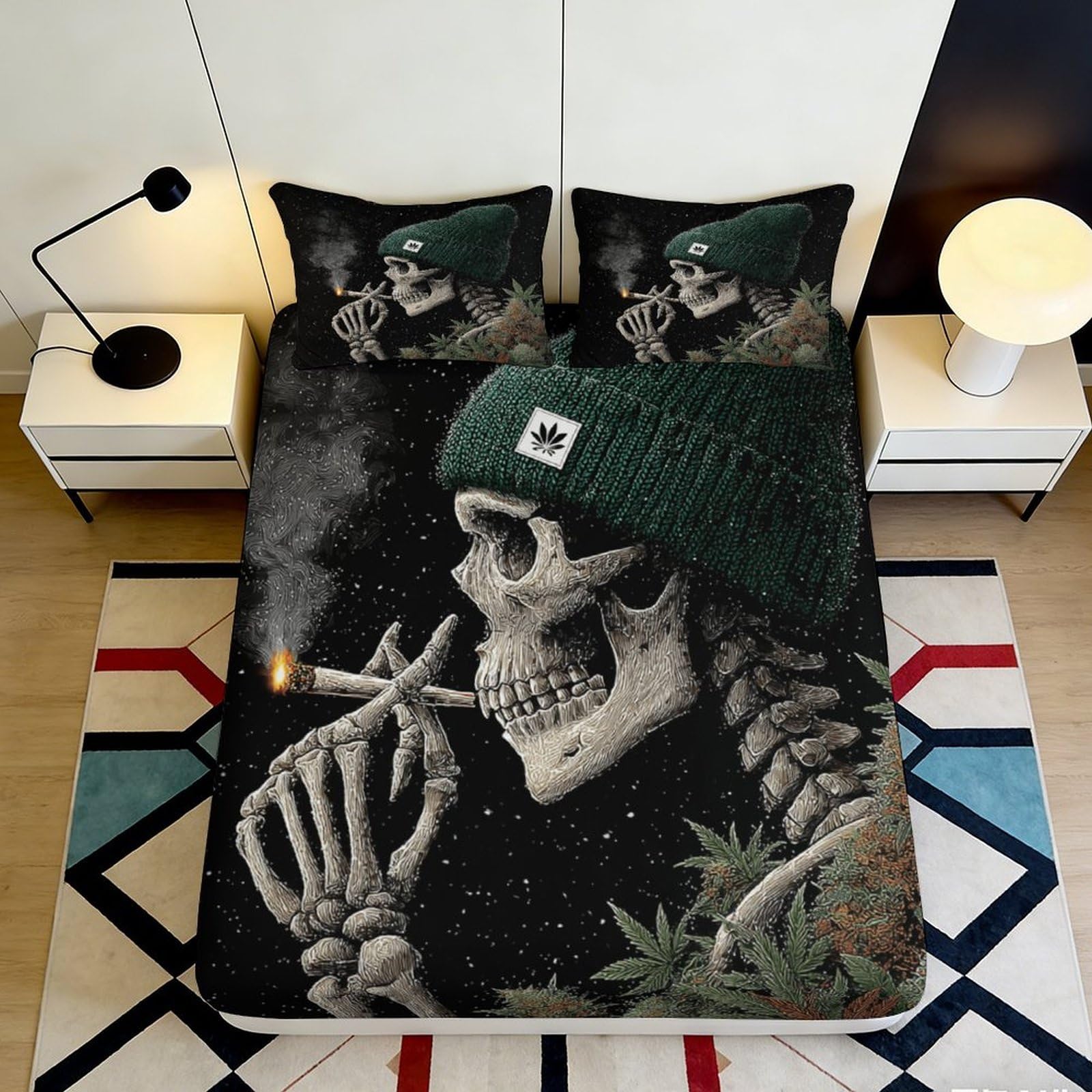 3D Printed Smoking Skeleton Fitted Sheet Microfiber Black Green Skull Bed Cover for Bedroom Dorm Mattress Decor 90x200x25cm