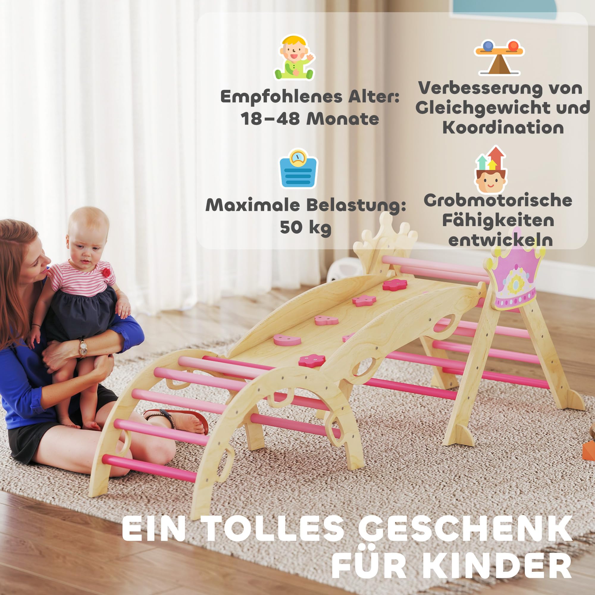 AIYAPLAY 8-in-1 Montessori Klettergerüst Indoor Holz Kletterdreieck mit Kletterbogen, Rutsche, Kronenmotiv, Indoor Spielplatz mit Rampe, Schaukelbogen, für Kinder von 1,5-4 Jahre, Rosa