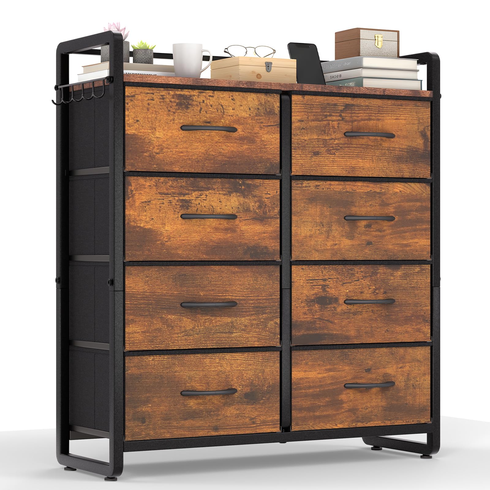 HOKEEPER Kommode, Chest of Drawer mit 8 Schubladen aus Stoff, Schrank Schlafzimmer mit Holzplatt,Sideboard, Komodenschrank Flurschrank für Küche Büro