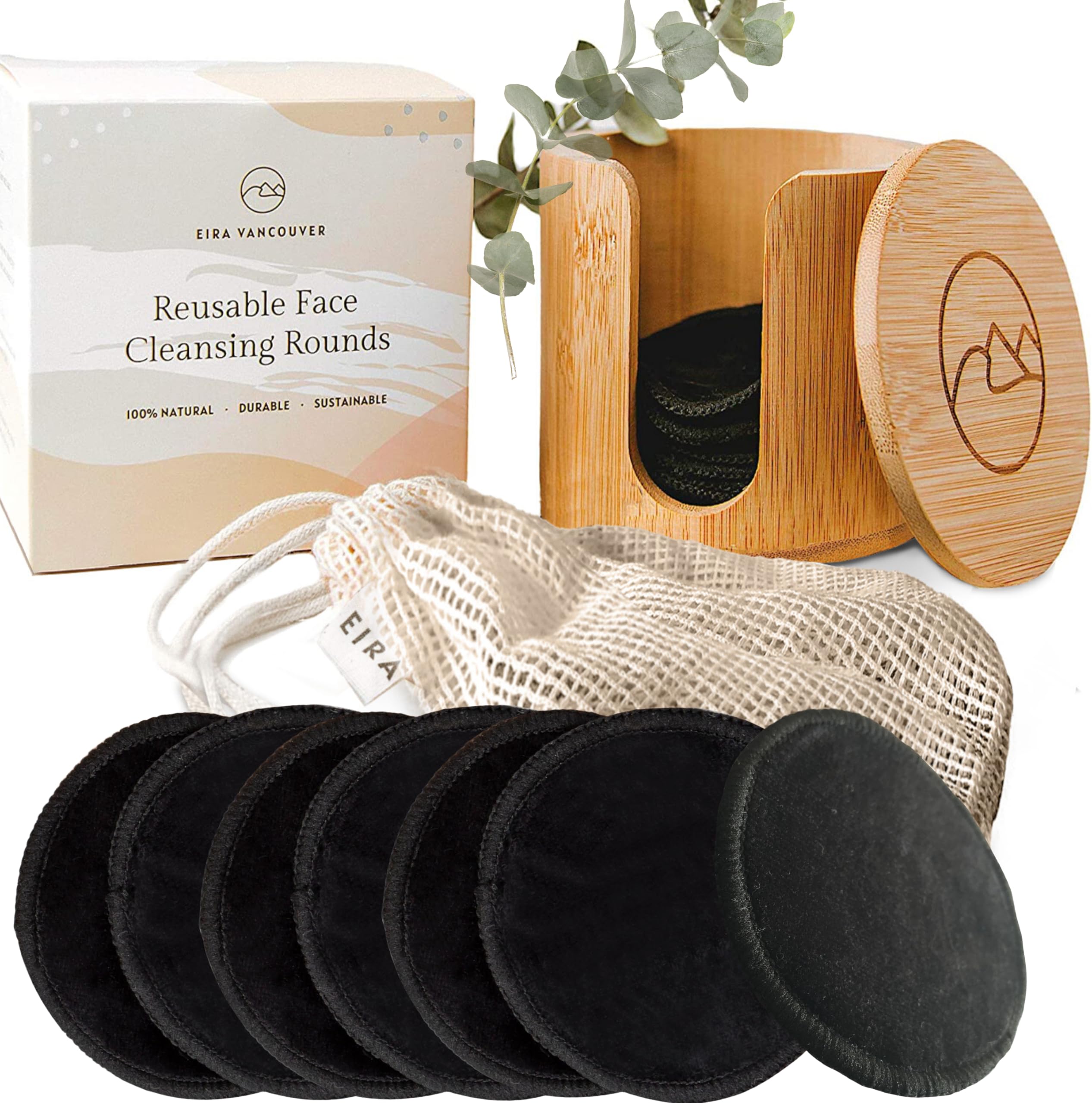 EIRA's Washable Makeup Remover Pads - Black Bamboo Reusable Cotton Rounds with Wooden Holder. Makeup Remover Cloths - Eco-Friendly - Zero Waste Reusable Makeup Remover Pads Set