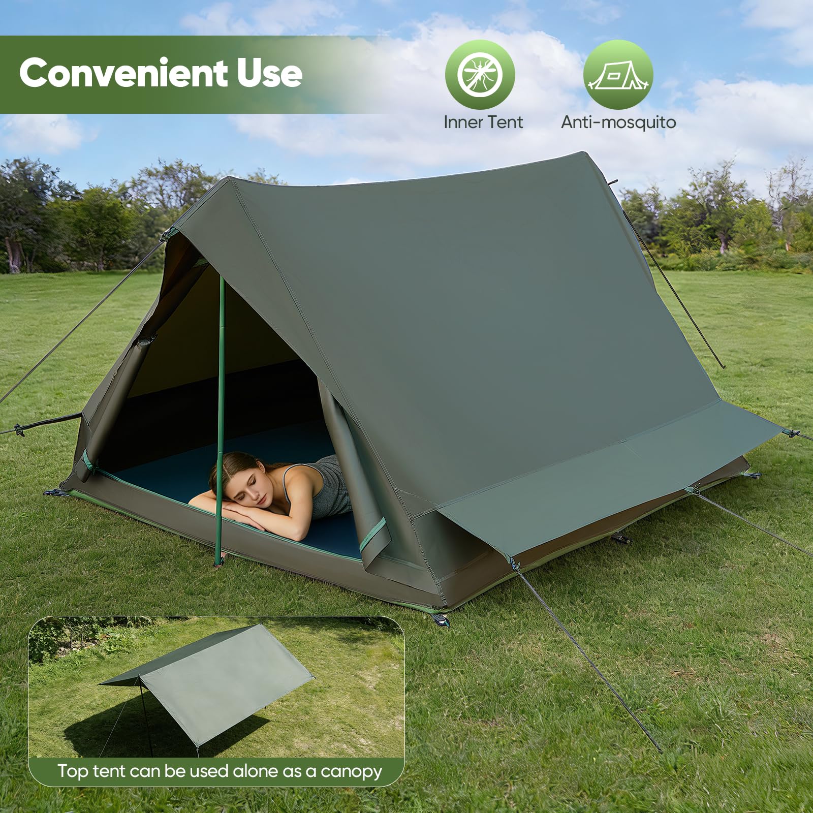 Zelt 2 Personen Camping Zelte, Doppelschicht Zelt mit 3000mm Wassersäule, Atmungsaktives Netzgewebe, Windfest, Schnellaufbau Trekkingzelt für Camping Wandern Backpacking Familien