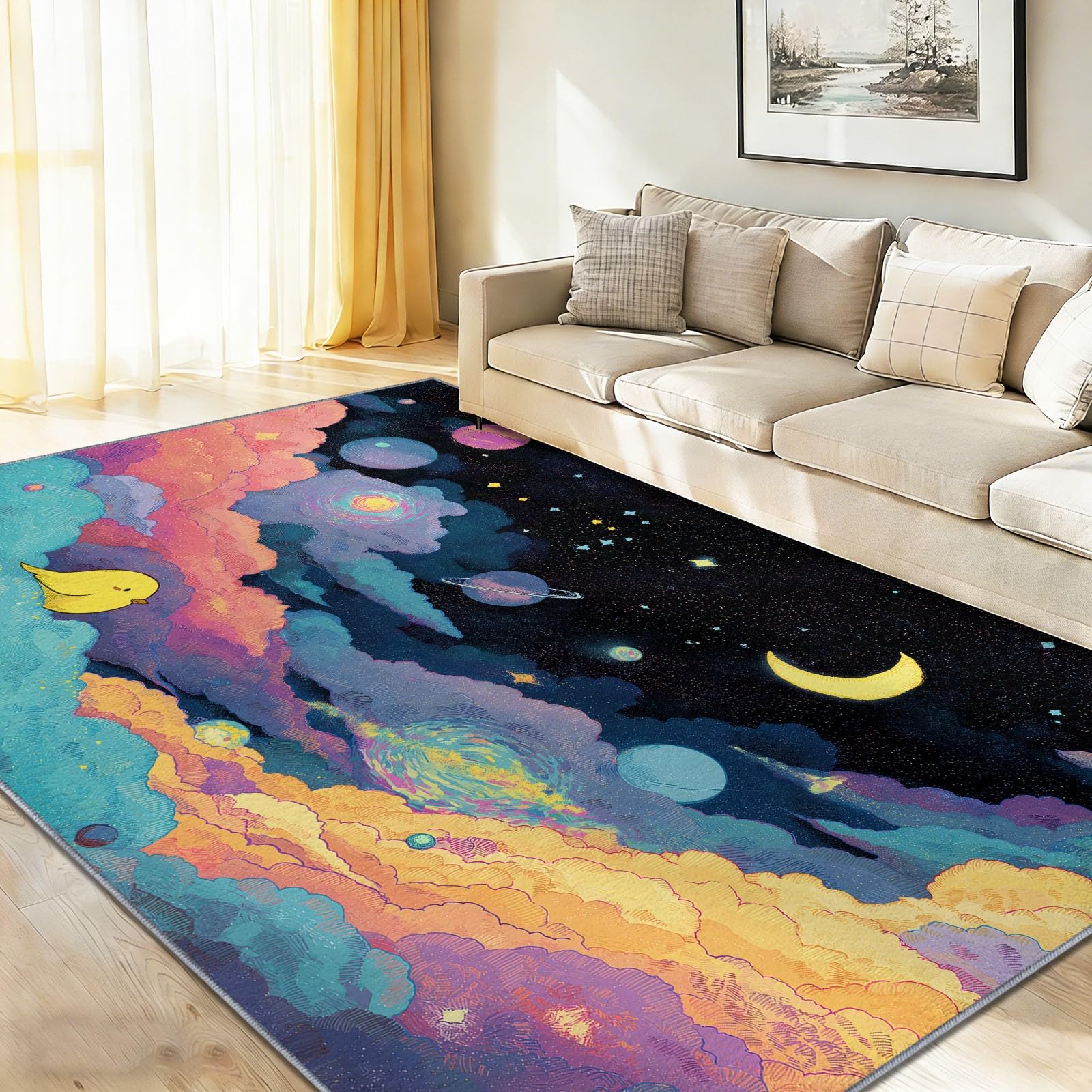 Tappeto lavabile per soggiorno, 80 x 150 cm, blu e giallo, stile bohémien, per cameretta dei bambini, stanza dei giochi, stampa di piccoli uccelli gialli e pianeti, design moderno, antiscivolo