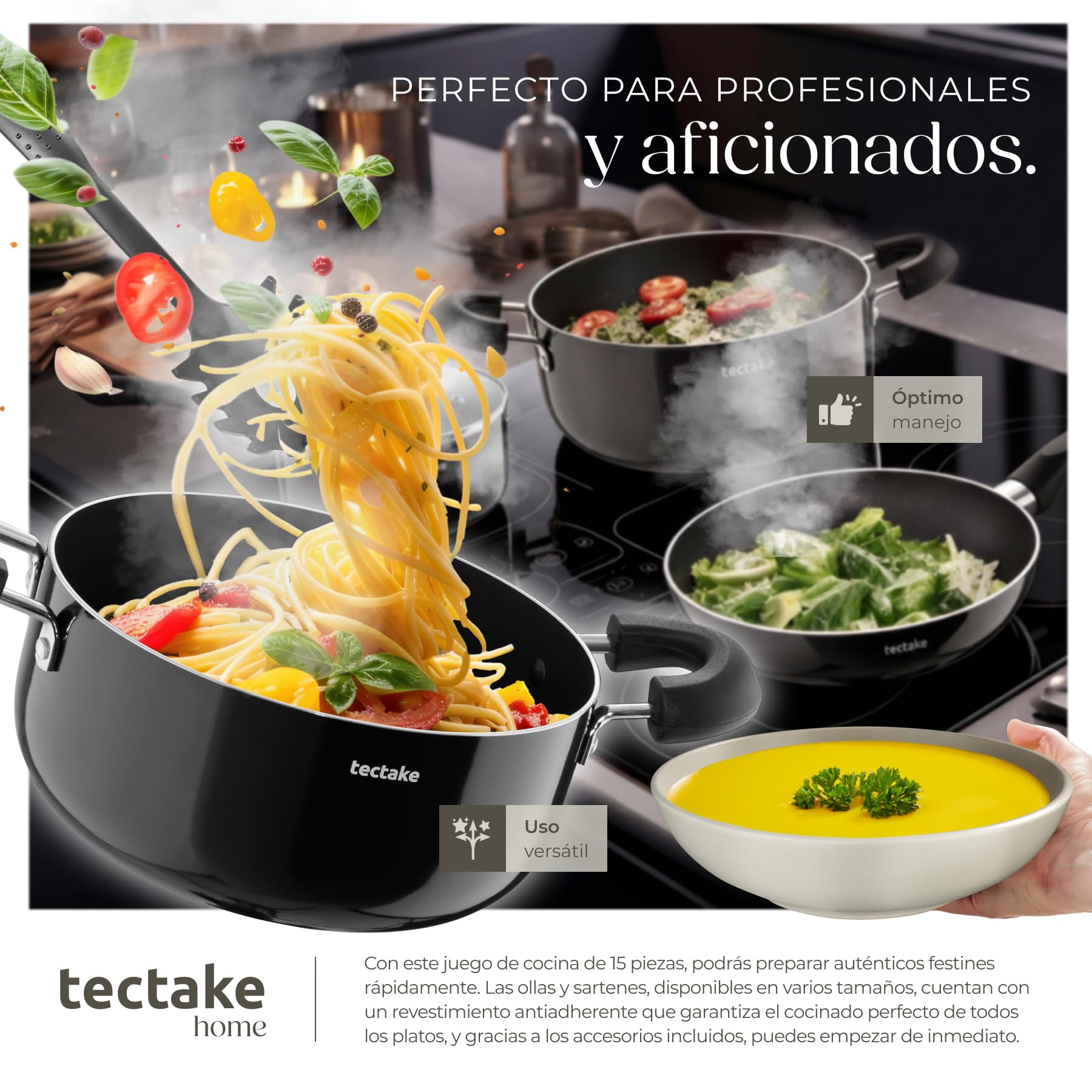 tectake® Juego de Vajilla Completa, Vajillas Completas Modernas, Platos Vajilla, Cuencos Cocina, Tazones Desayuno, Tazas Cafe, Ollas Aluminio Inoxidable - 45 Piezas Negro/Gris Topo