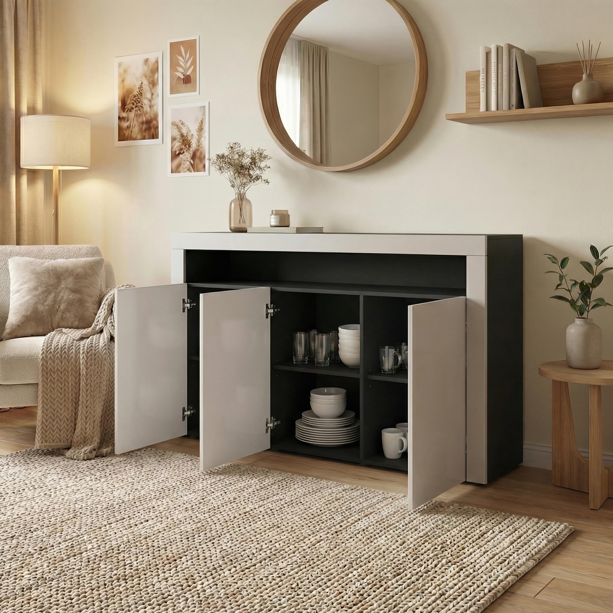 Vladon Buffet Valencia, Commode avec 3 Portes et 1 Compartiment Ouvert, Noir Mat/Aspect béton oxyde/Noir Haute Brillance (155 x 92 x 40 cm)